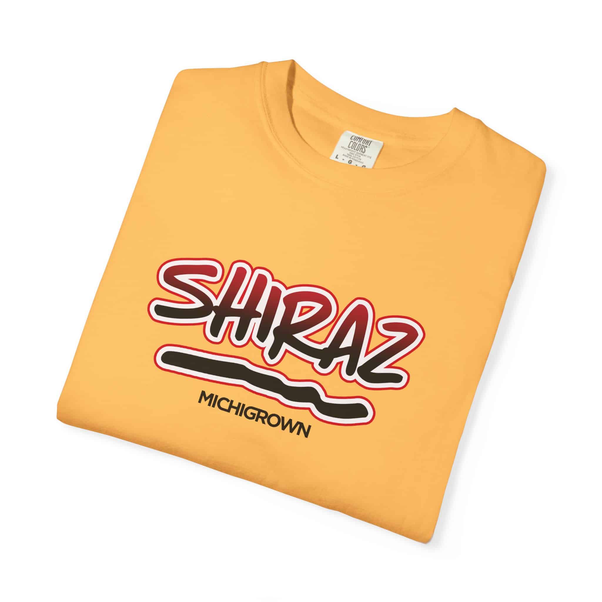 Yellow Shiraz T-shirt with Michigrown logo and text.