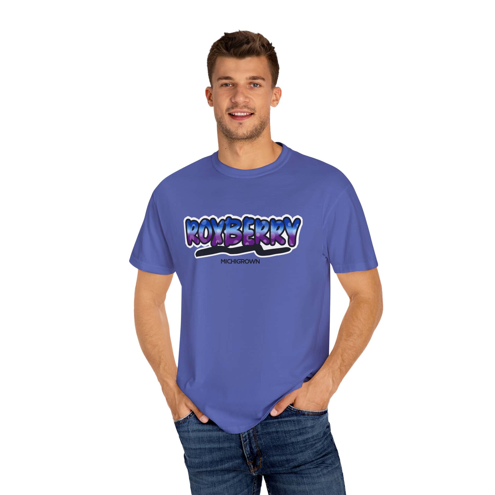 Men's blue Roxberry T-shirt with Michigrown logo for casual wear.
