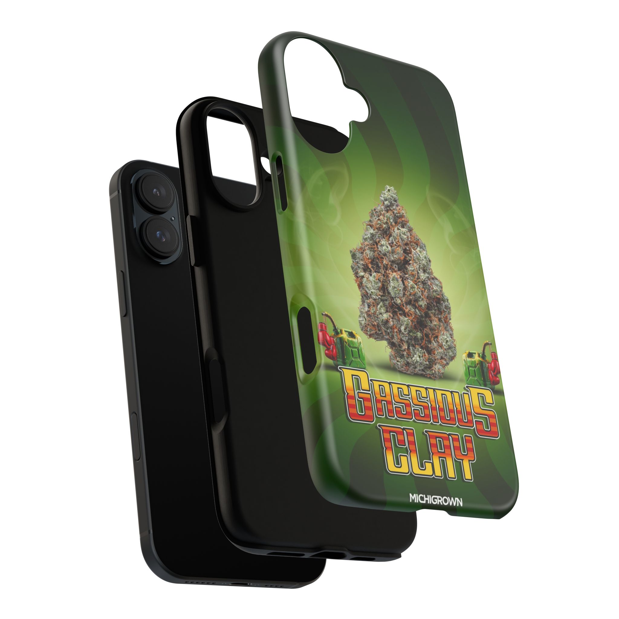 Phone case with Gassious Clay logo and cannabis imagery.