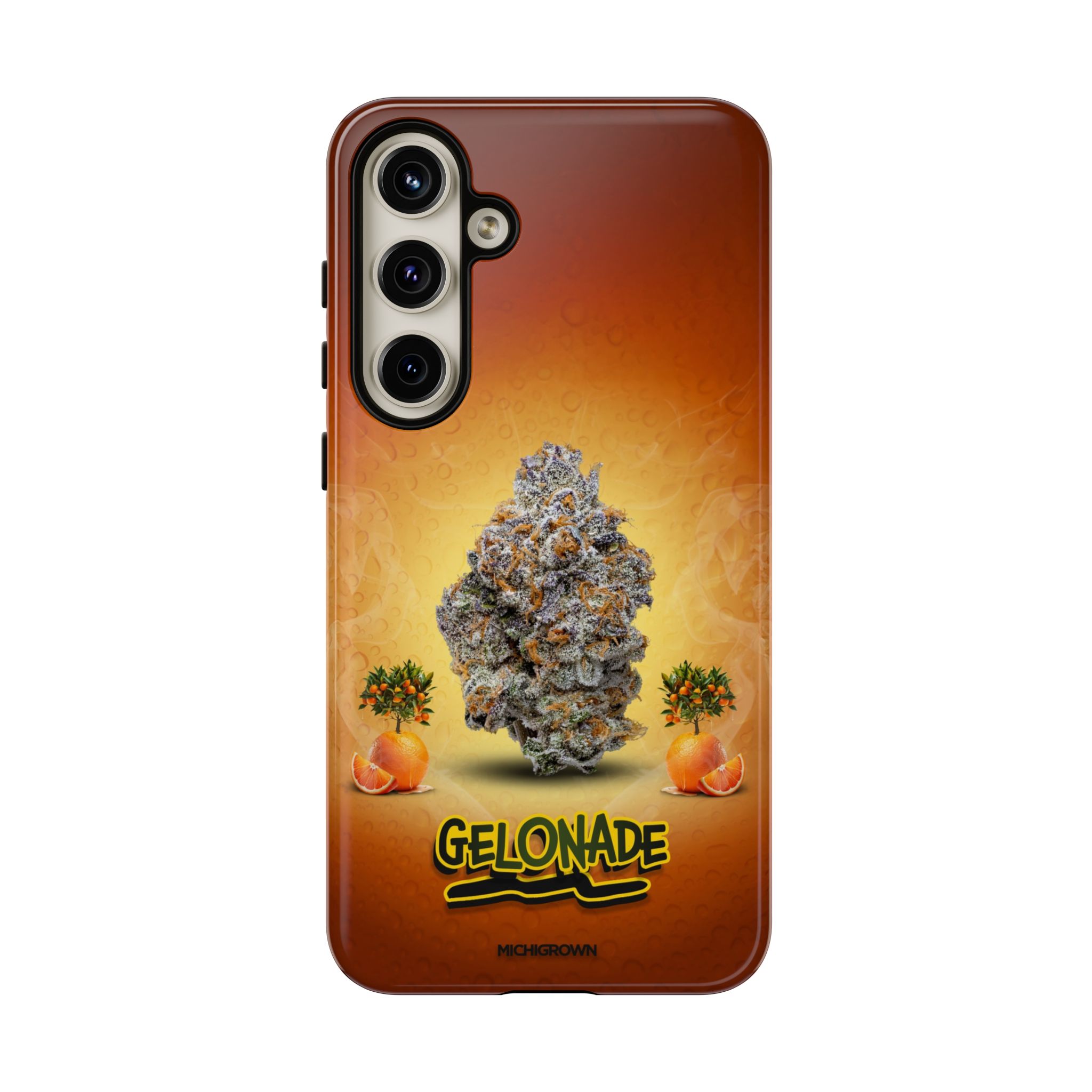 Phone case featuring cannabis bud and oranges with GELONADE logo.