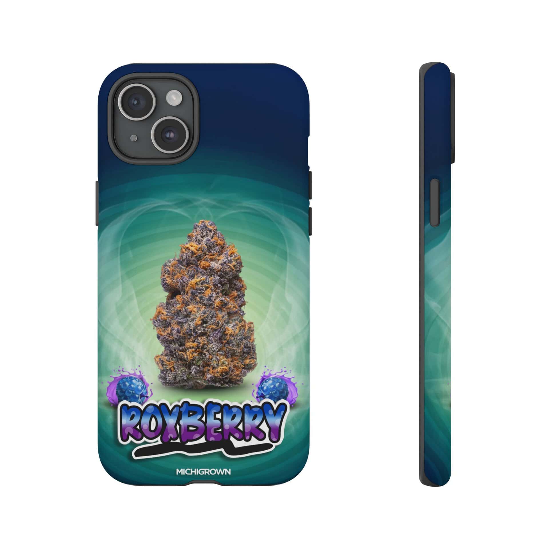 Colorful Royberry phone case with berry and cannabis leaf design for iPhone.
