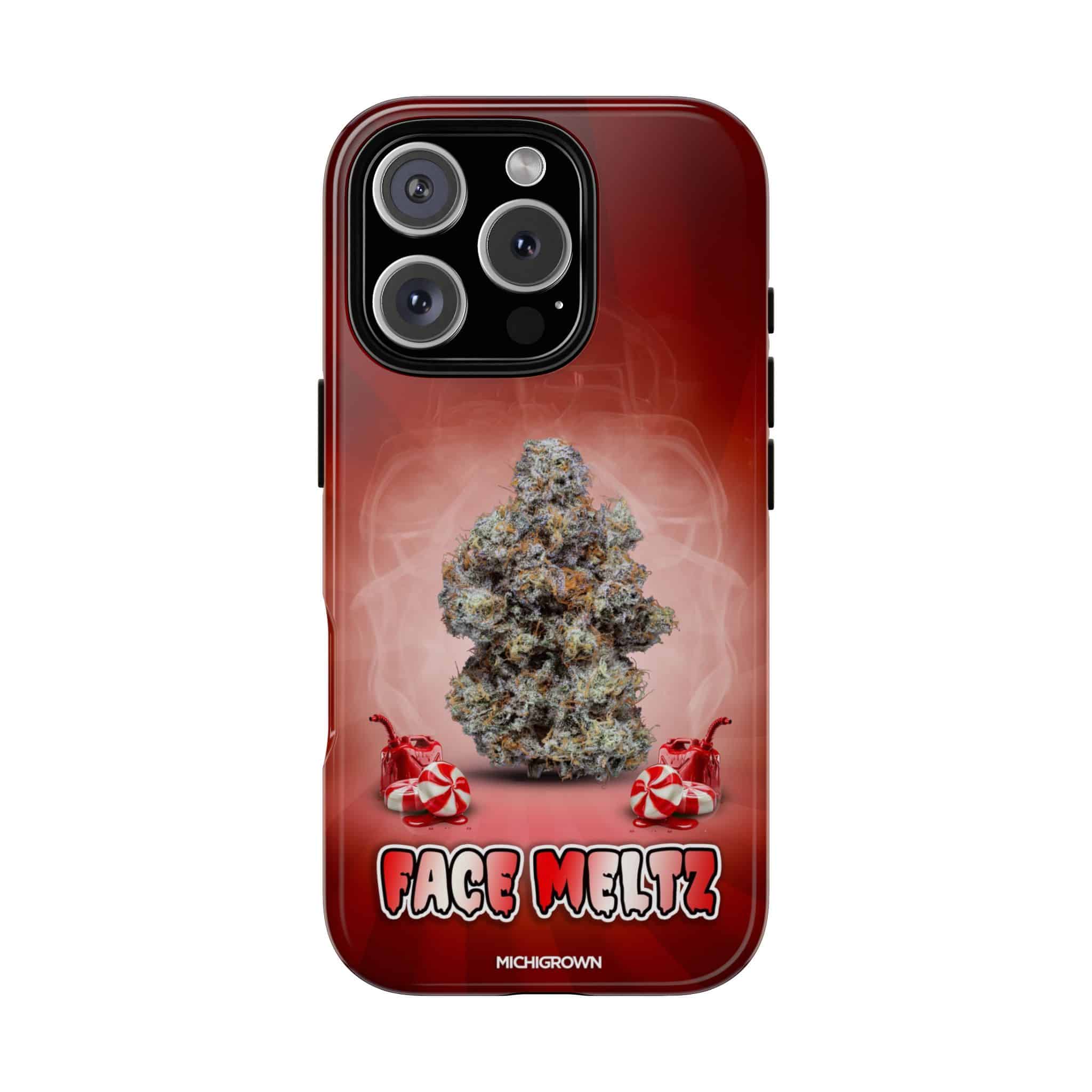 Red phone case with cannabis bud and Face Meltz logo.