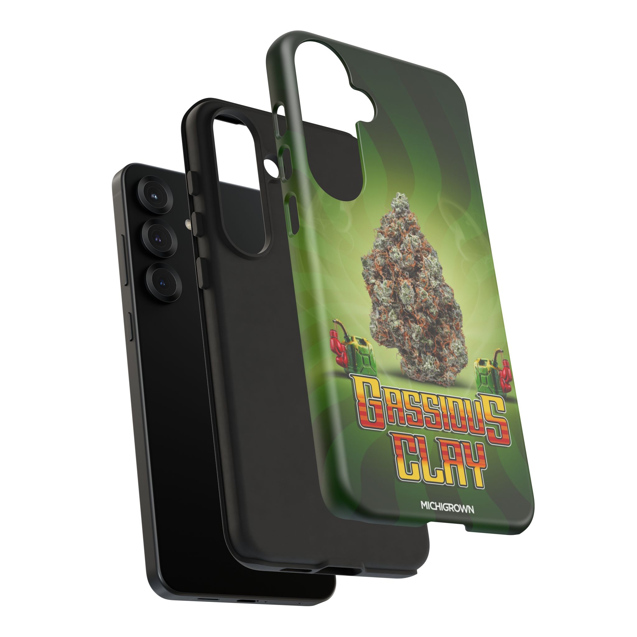 Phone case with Gassious Clay logo and cannabis bud design.