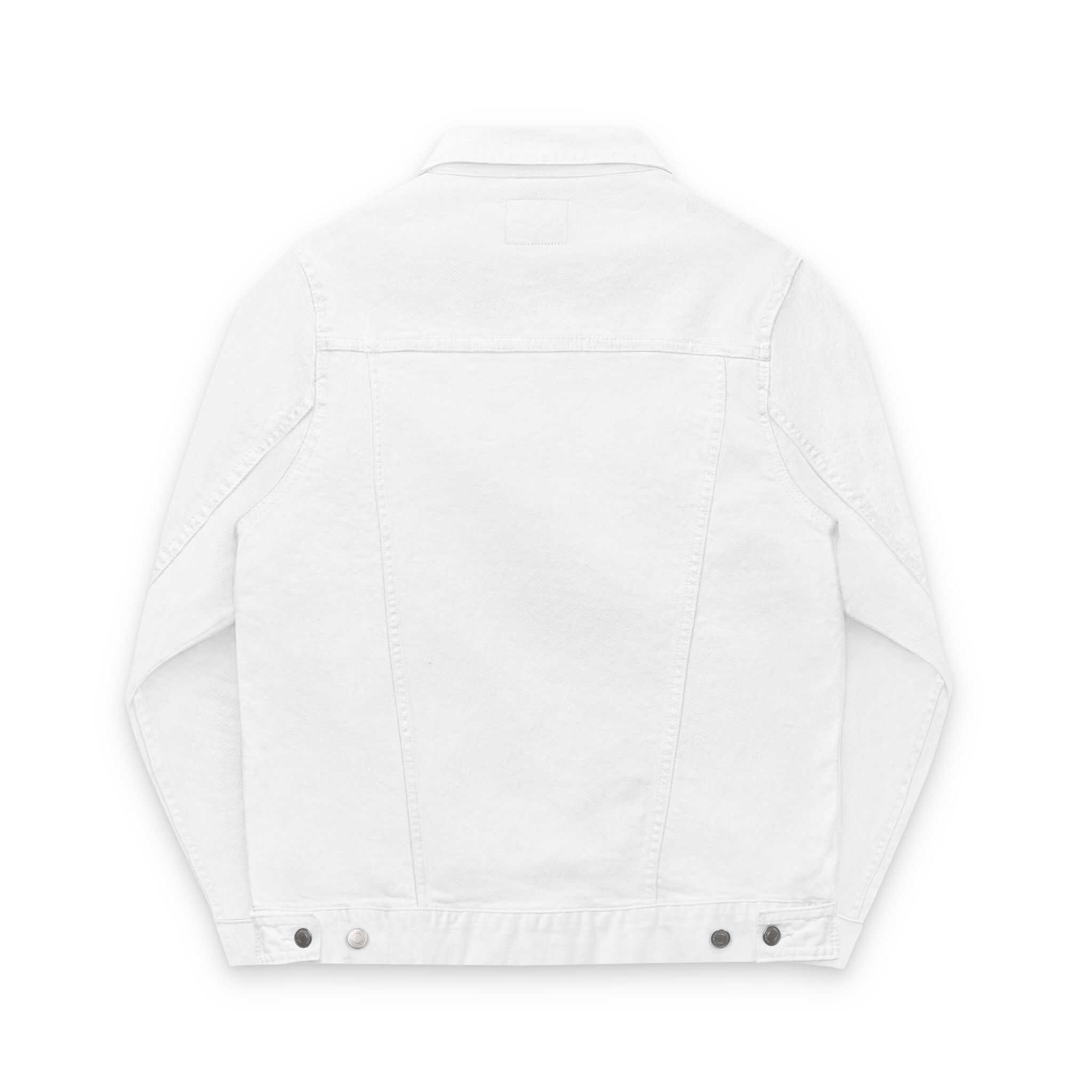 White unisex denim jacket with embroidery, back view, casual style.