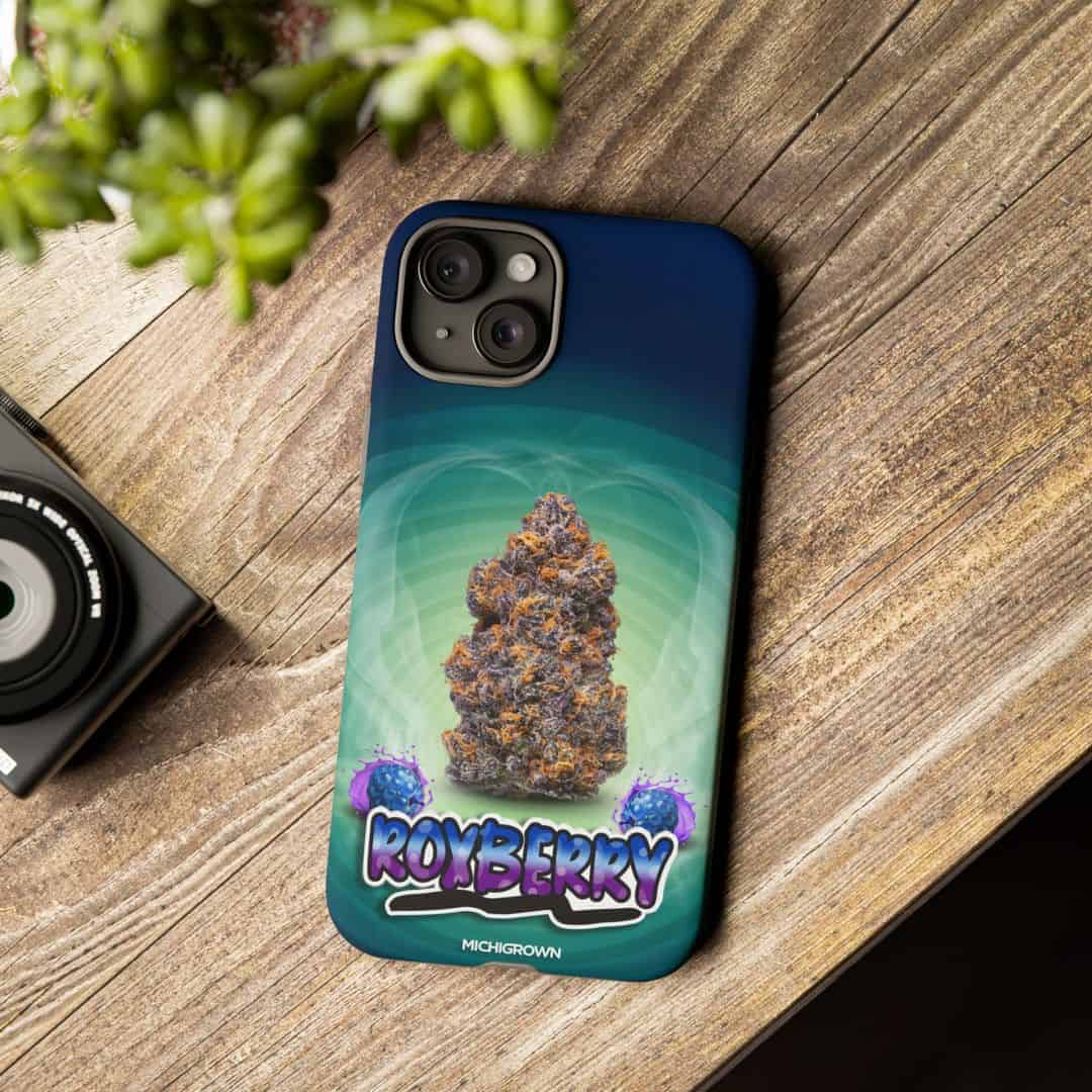 Custom Roxberry phone case with cannabis bud graphic and Roxberry logo.