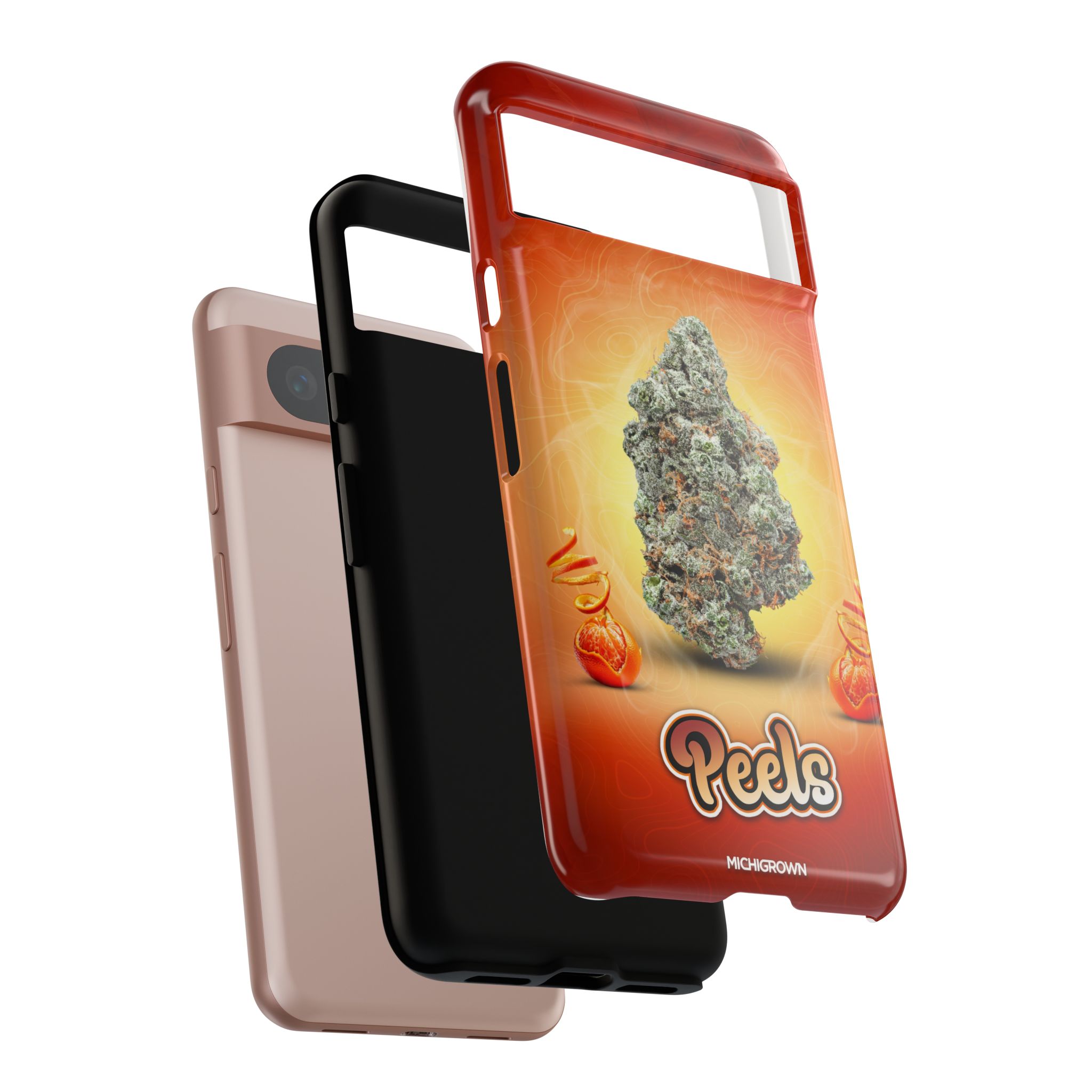 Red PEELS phone case with cannabis bud design for iPhone.