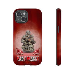 Red iPhone case with cannabis bud graphic and Face Meltz logo.