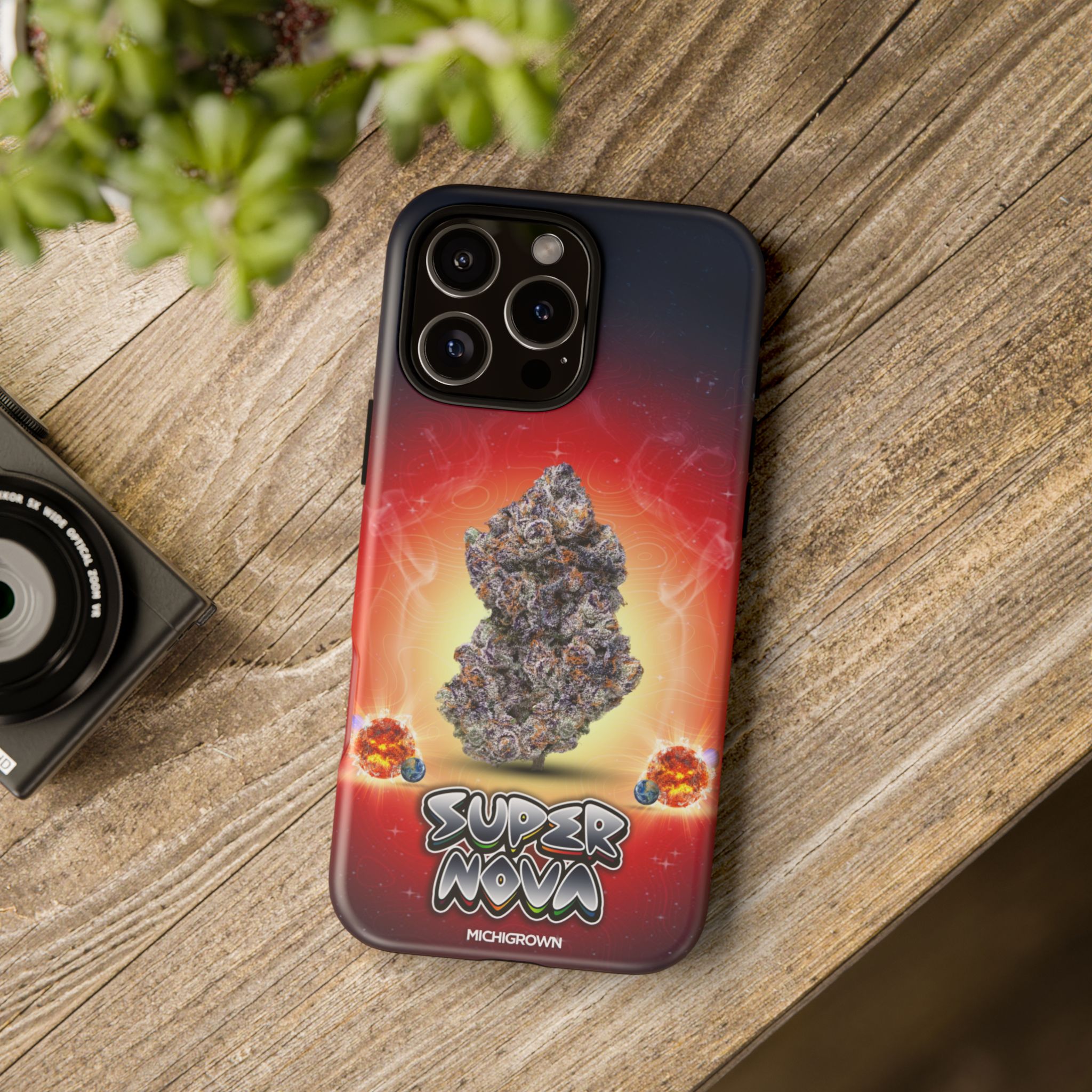 Phone case featuring a cannabis nugget and cosmic background.