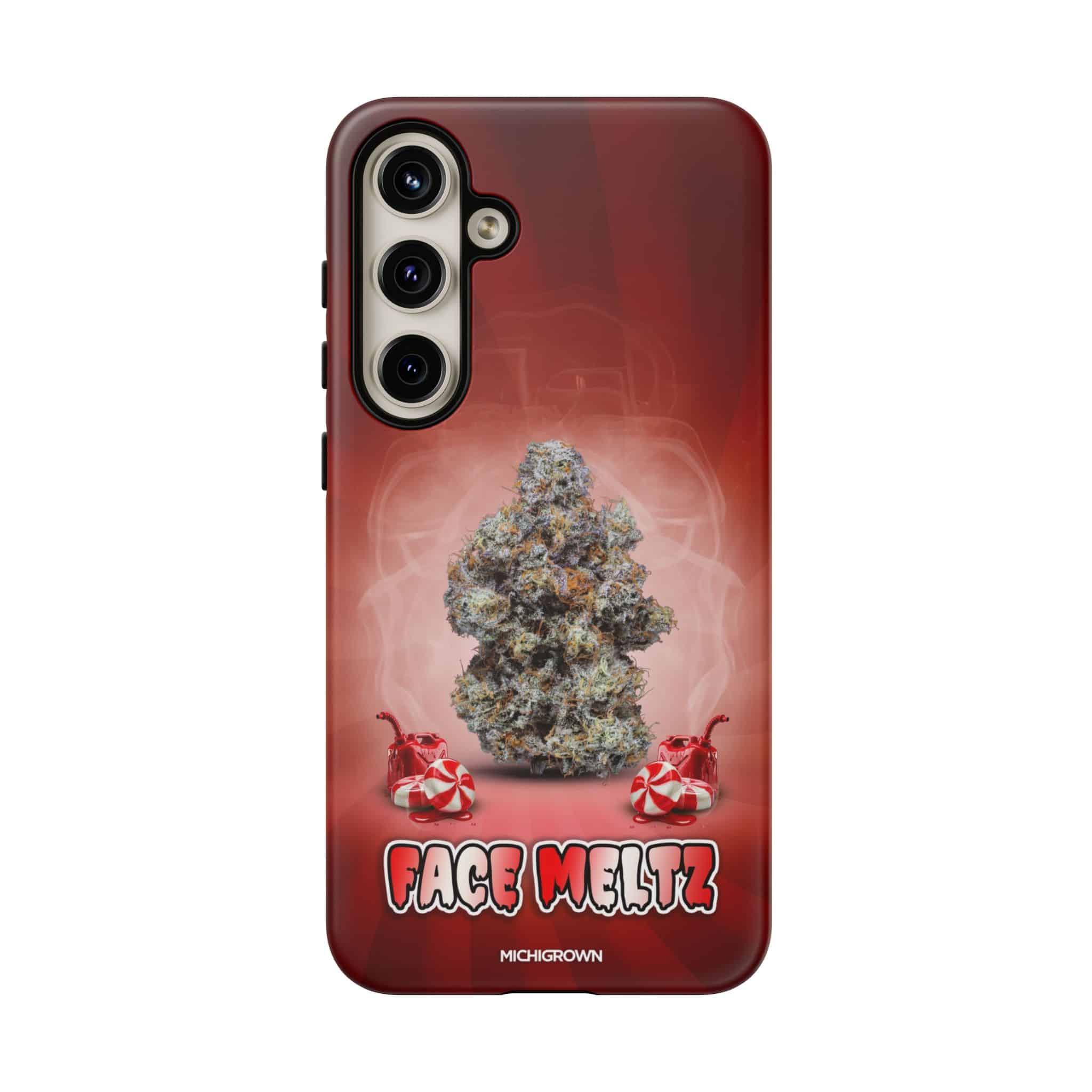 Cannabis-themed phone case with face meltz logo and red background.