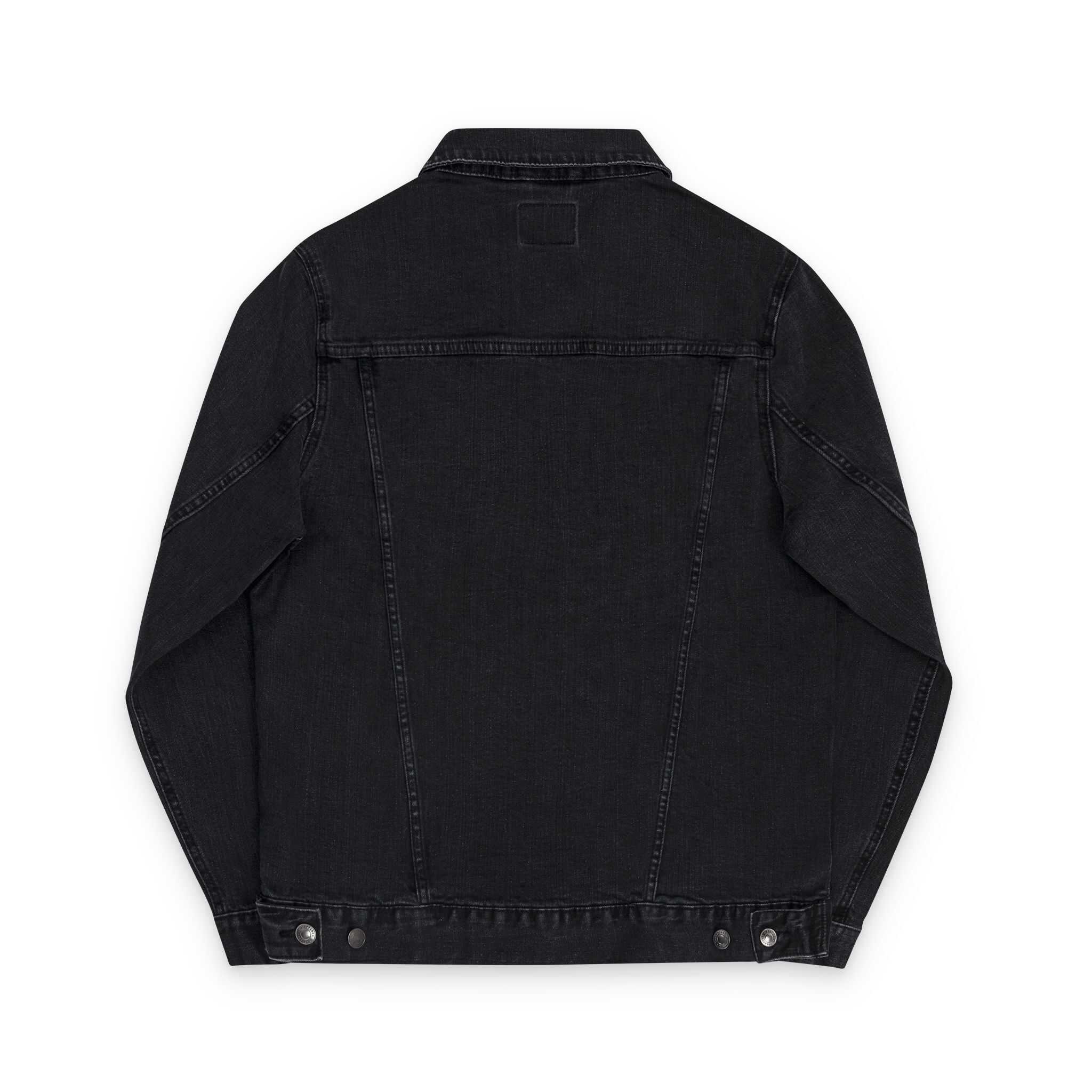 Black denim jacket with embroidery back design, casual style for unisex wear.