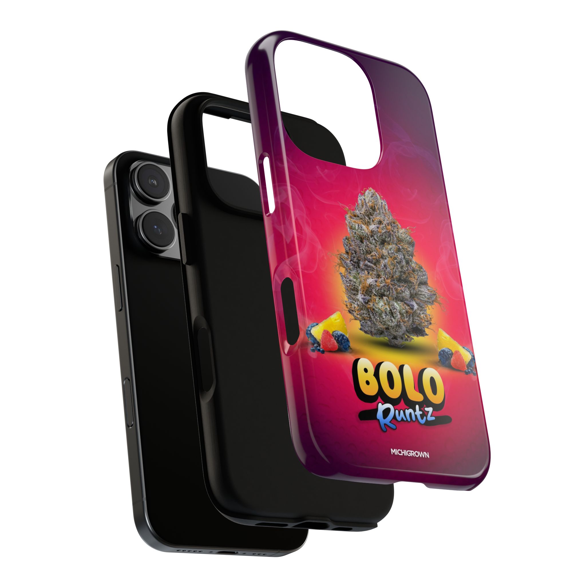 Colorful BOLO RUNTZ phone case with cannabis leaf design for iPhone.