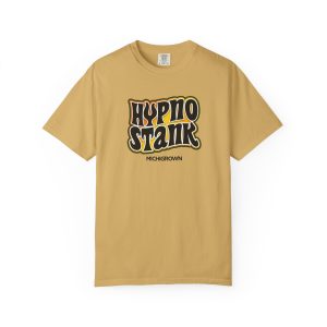 Beige T-shirt with Hypno Stank logo in black and yellow.