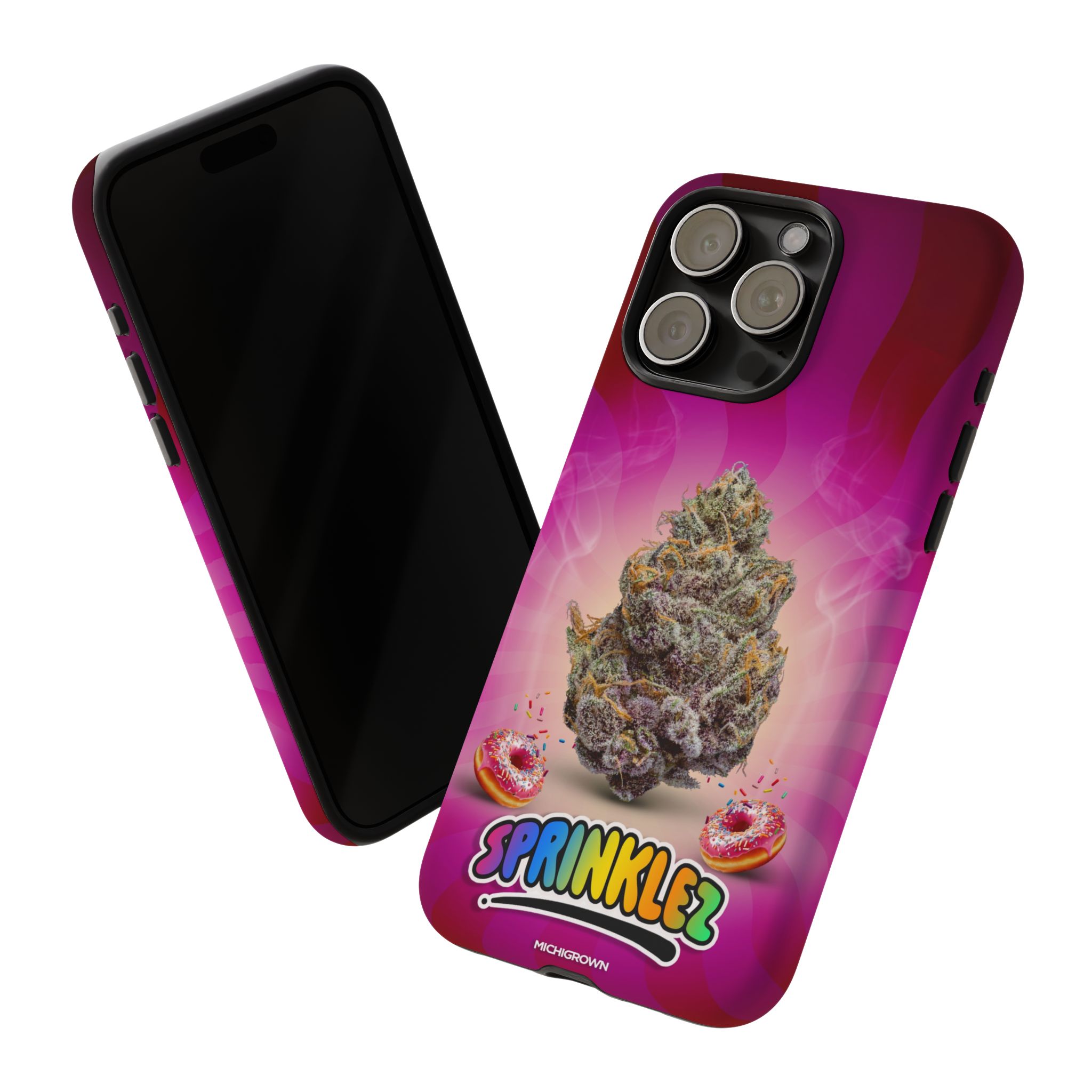 Phone case featuring colorful Sprinklez logo and cannabis bud design.