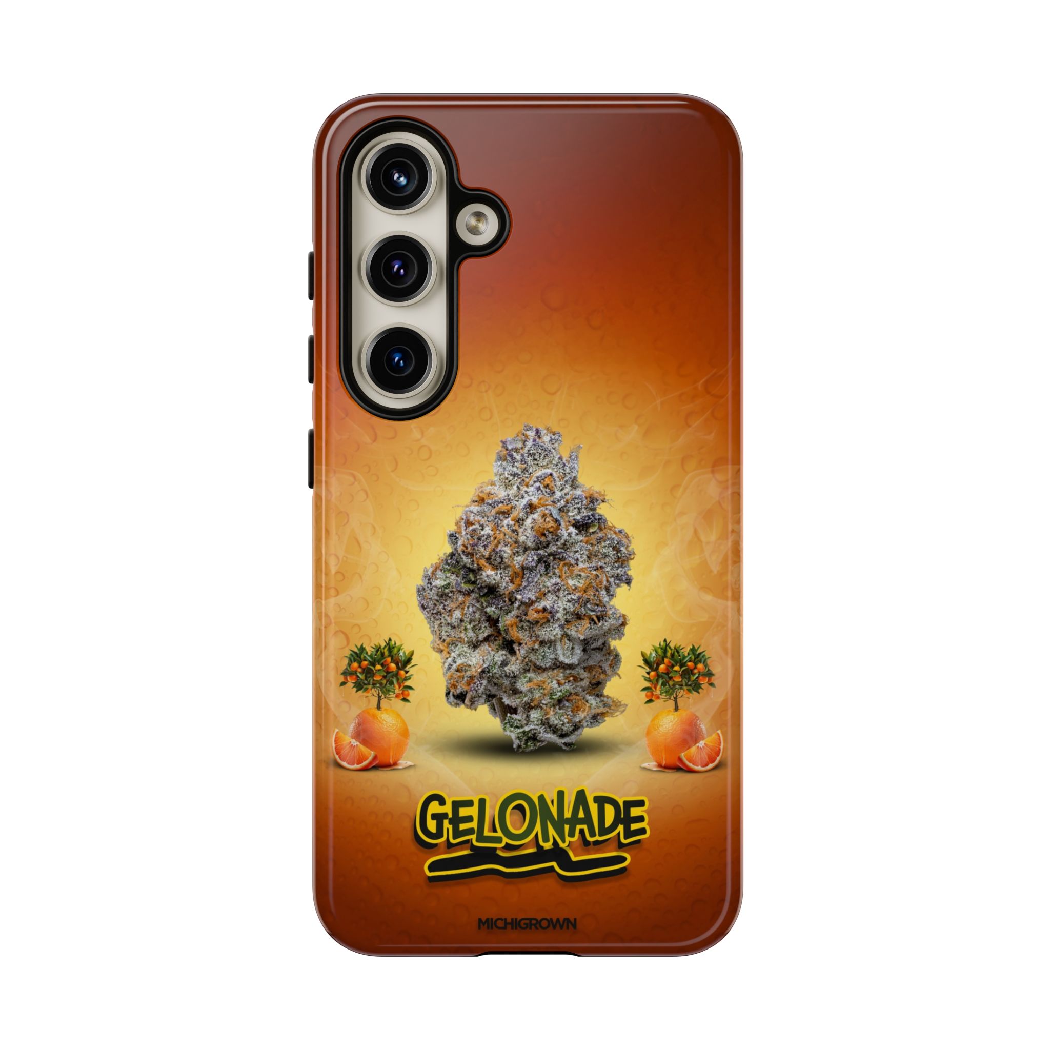 Phone case featuring cannabis bud and oranges on an orange background.
