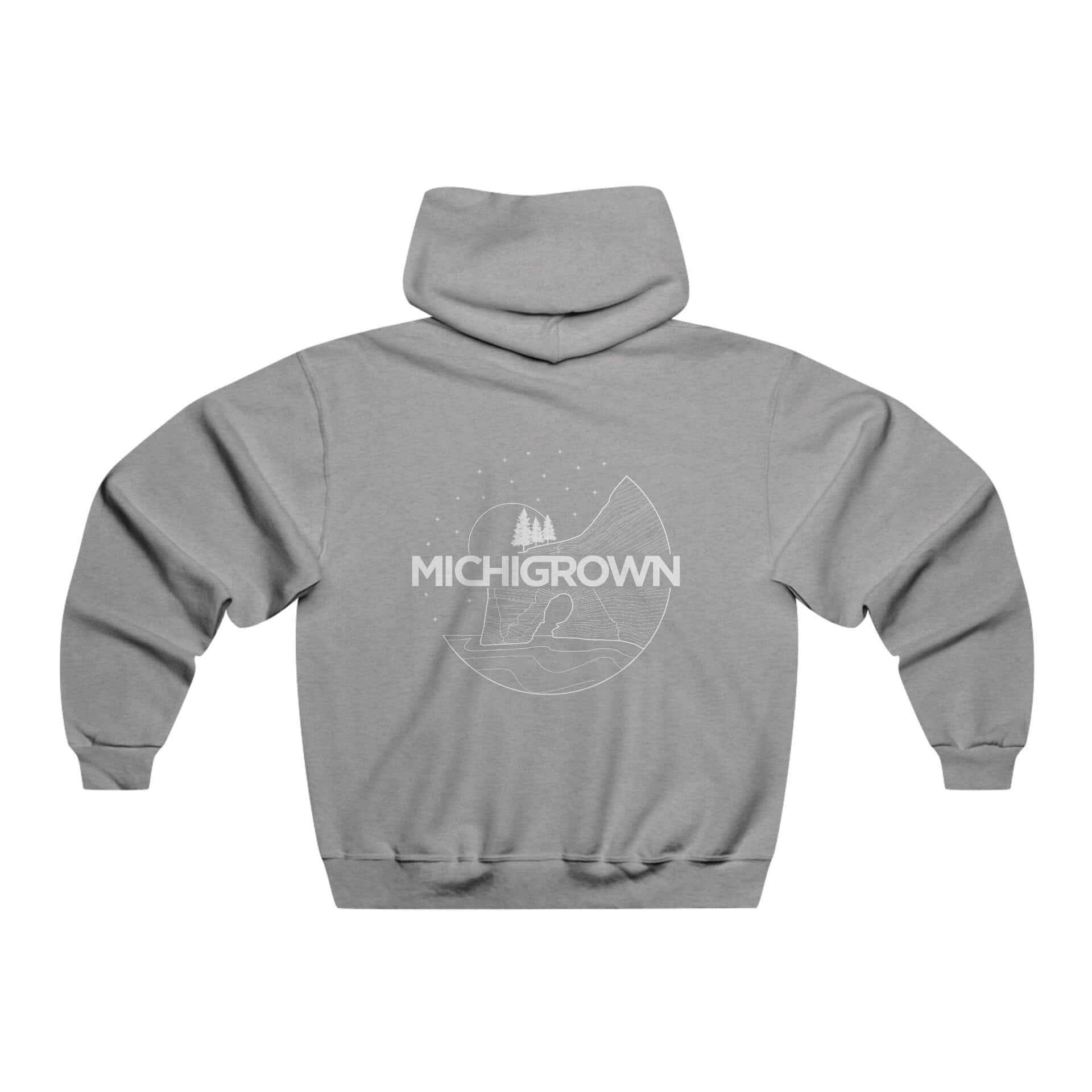 Gray hoodie with Michigrown logo featuring a mountain and lake scene.