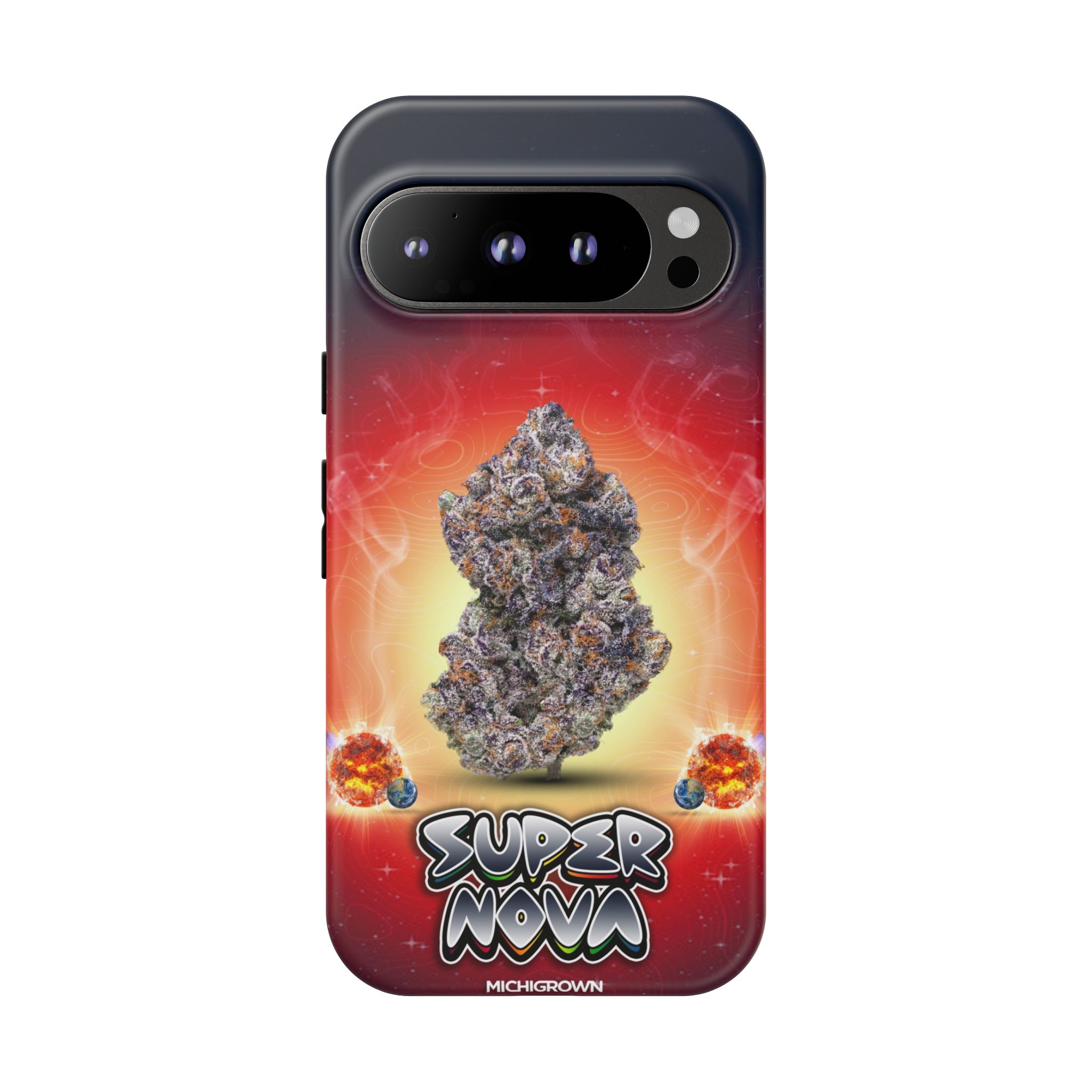 Phone case featuring a cannabis bud and Super Nova logo for Michigan cannabis fans.