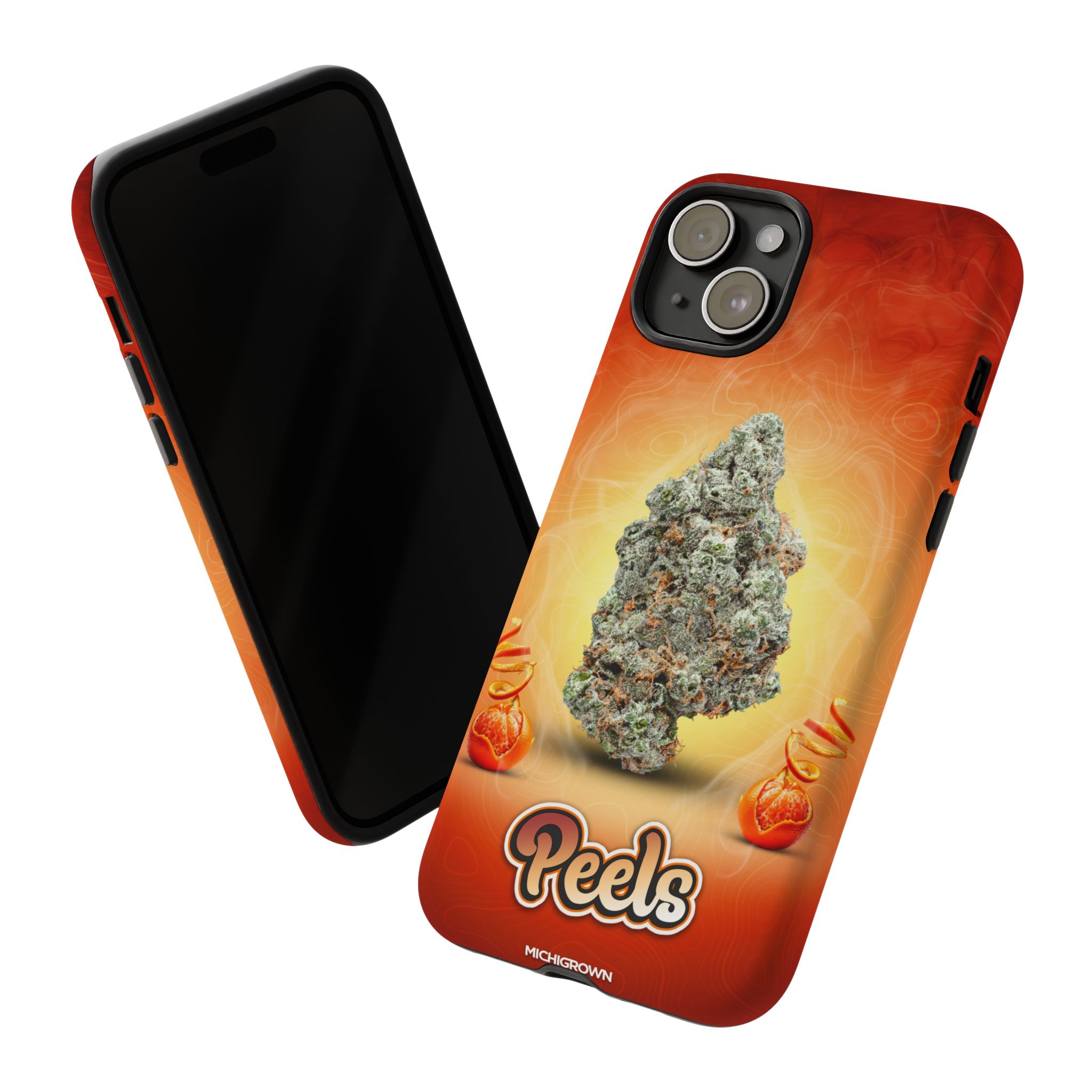 Custom phone case with Peels logo and cannabis bud design for iPhone 13.