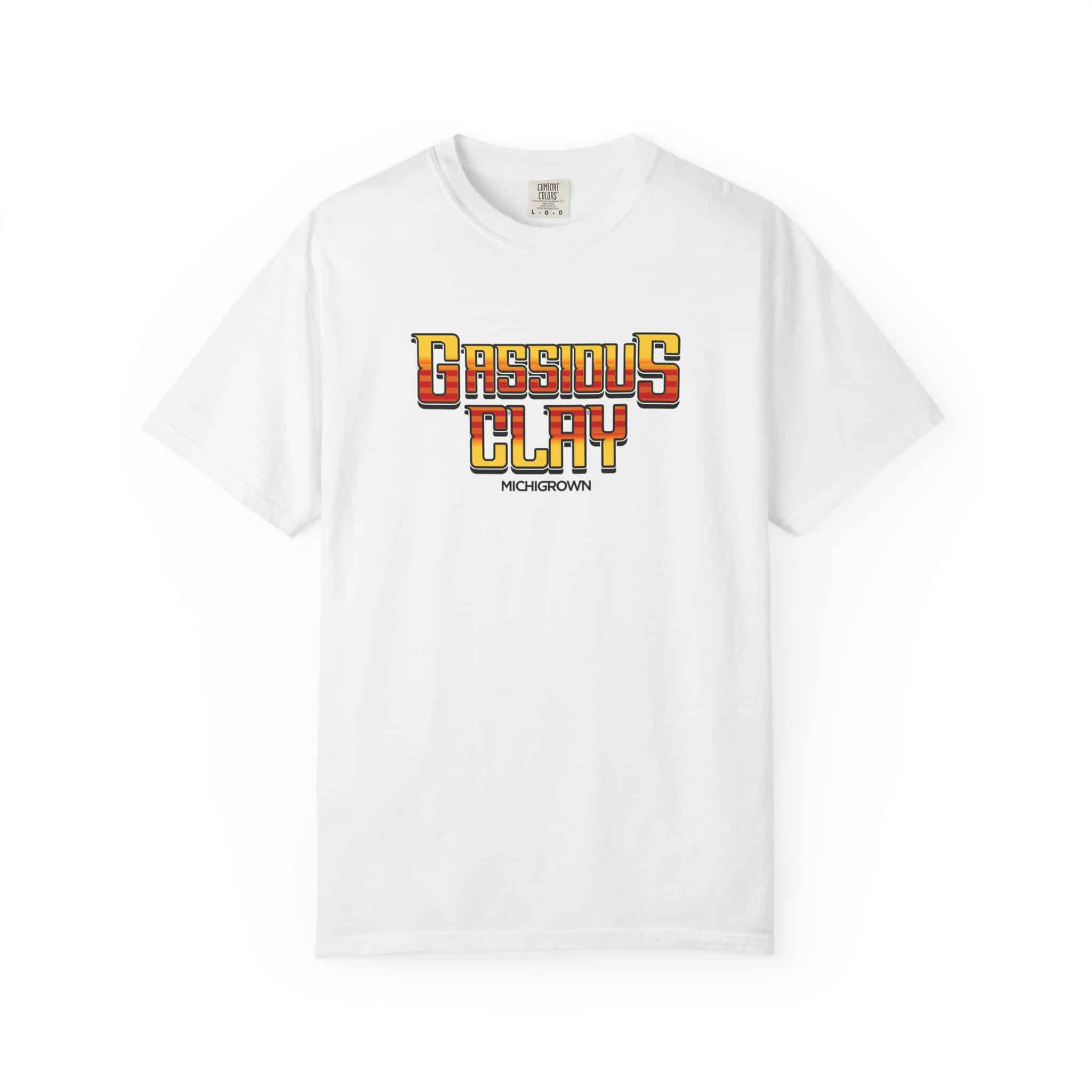 White T-shirt with Gassious Clay logo in red and yellow text.