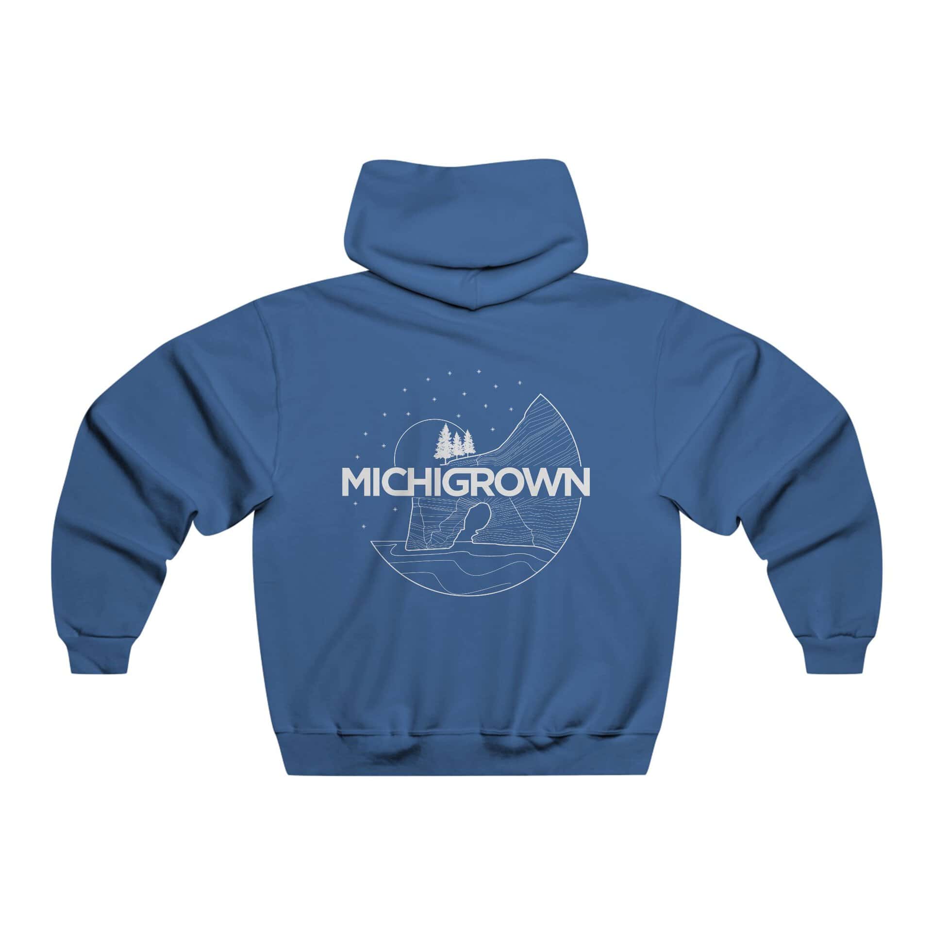 Blue hooded sweatshirt with Michigan-themed graphic and logo.