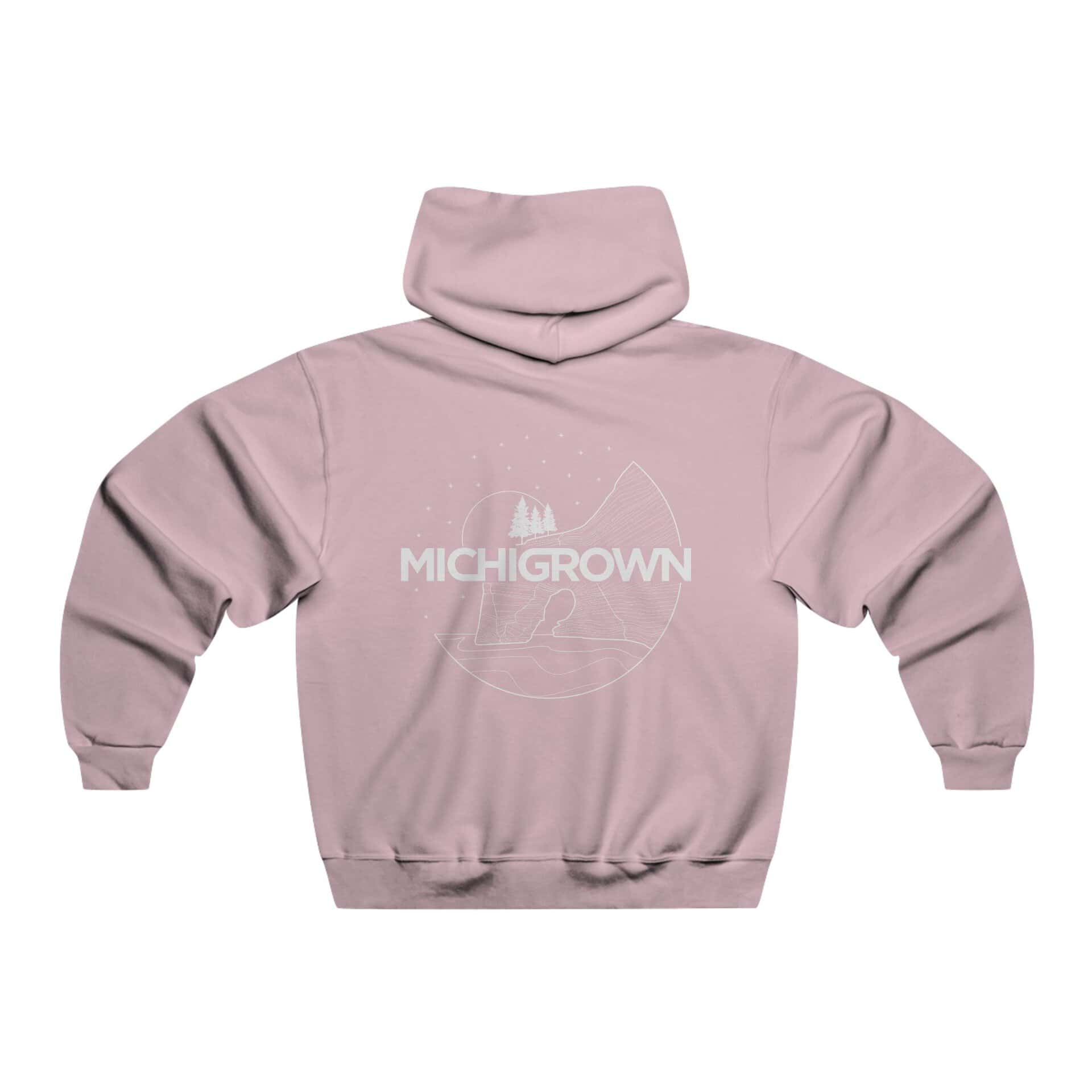 Pink hooded sweatshirt with Michigan-themed graphic and logo.