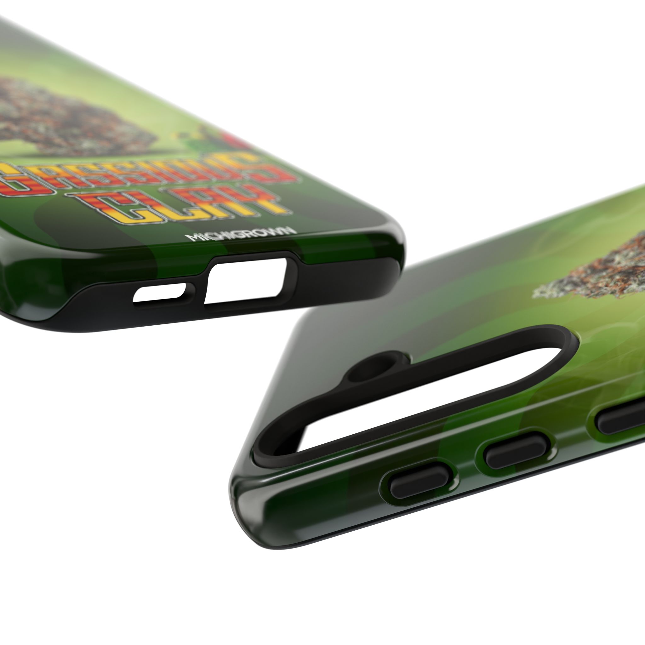 Close-up of a green GASSIOUS CLAY phone case with graphic design.