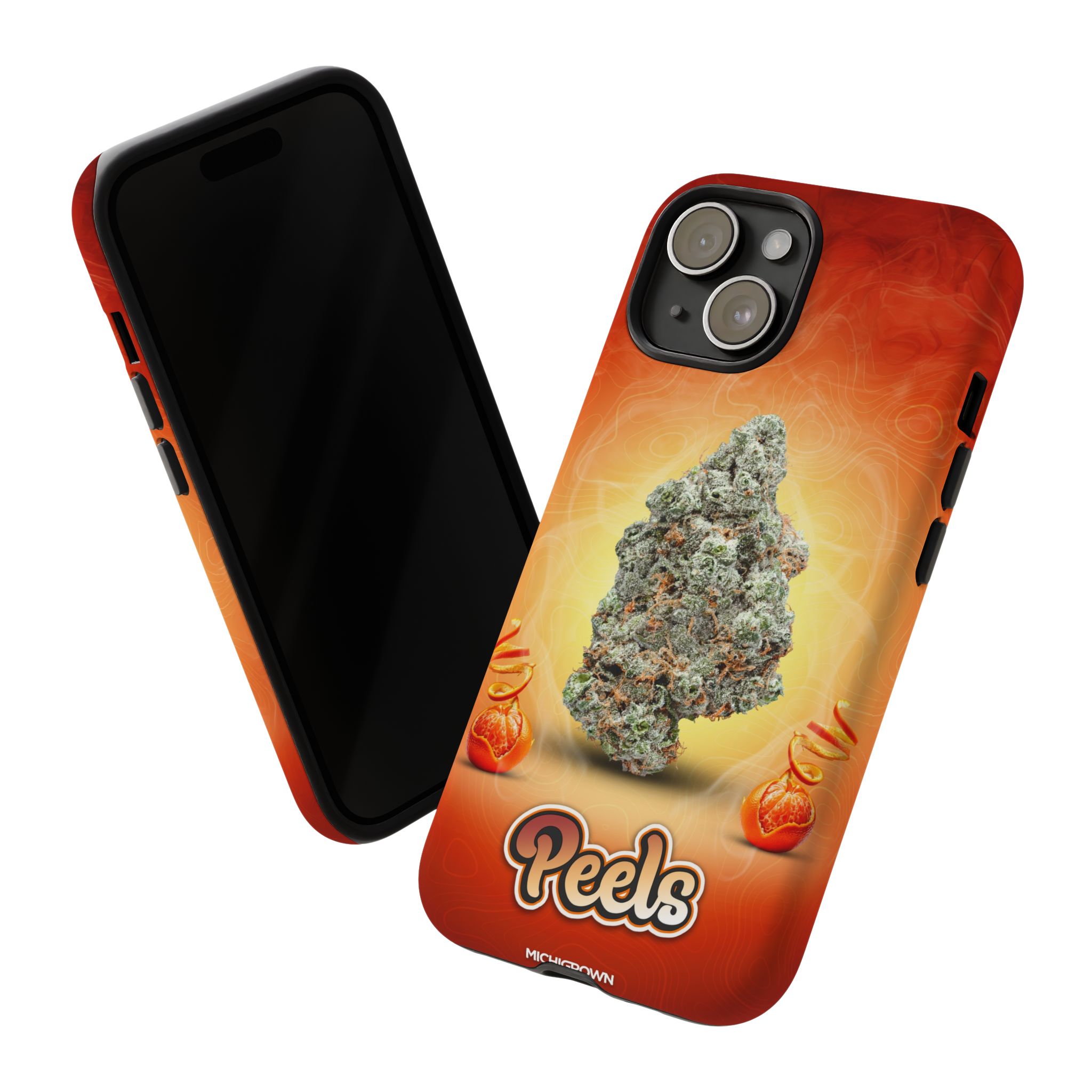 Phone case featuring cannabis bud and PEELS logo design.