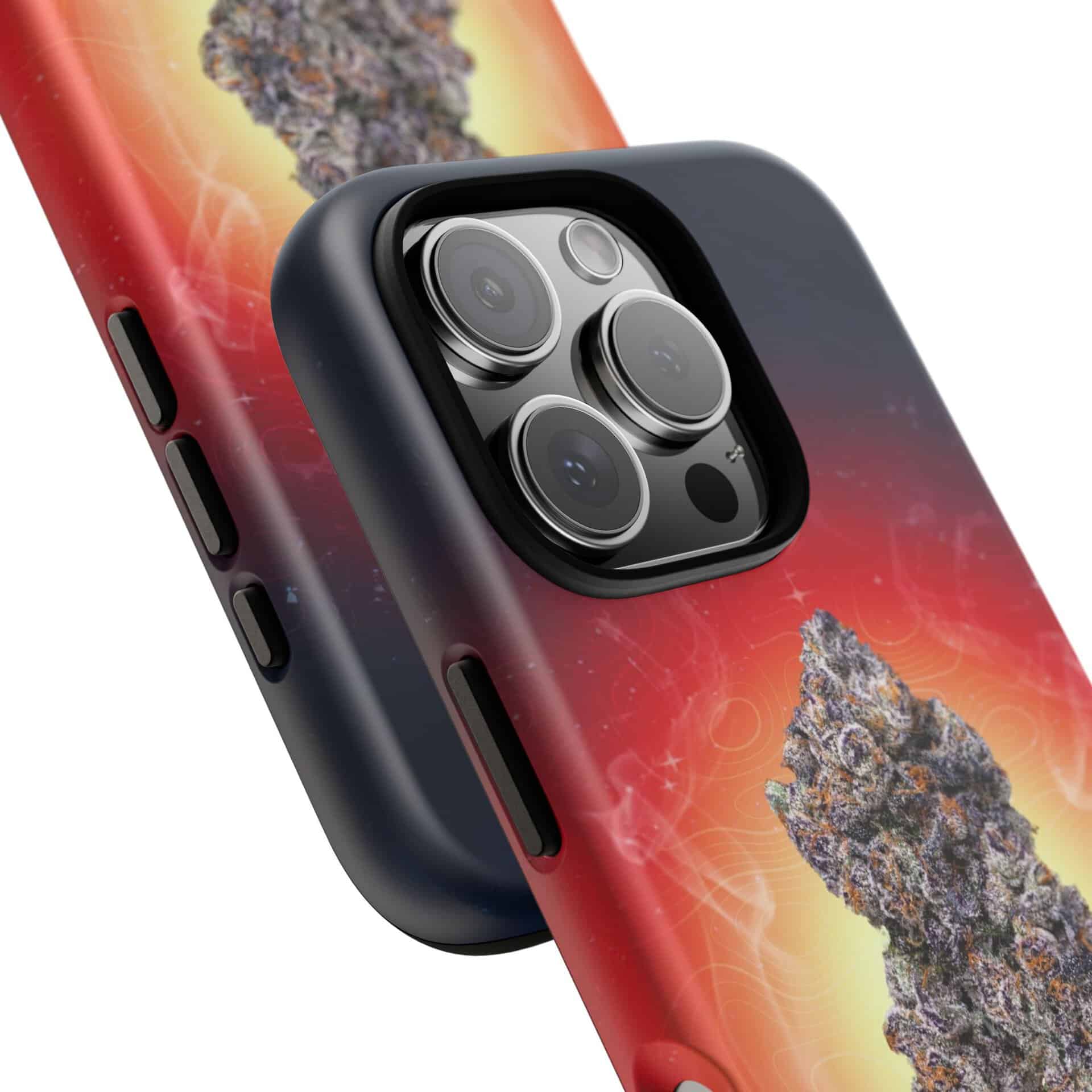 Phone case with cannabis-themed design for iPhone with camera cutout.
