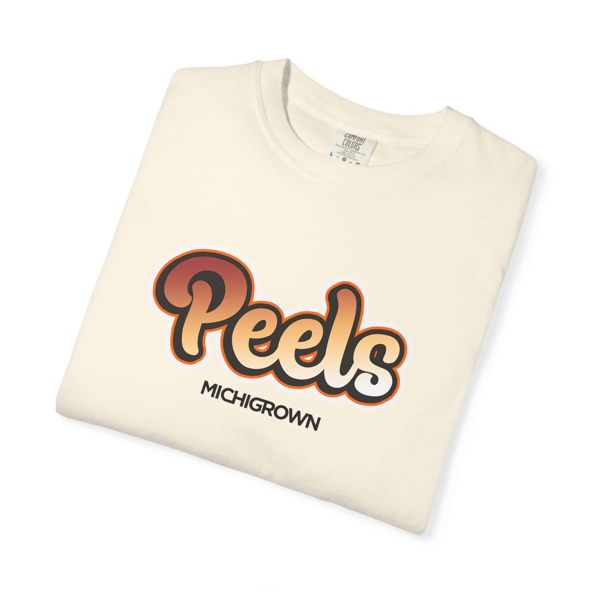 White T-shirt with Peels Michigrown logo in bold letters.