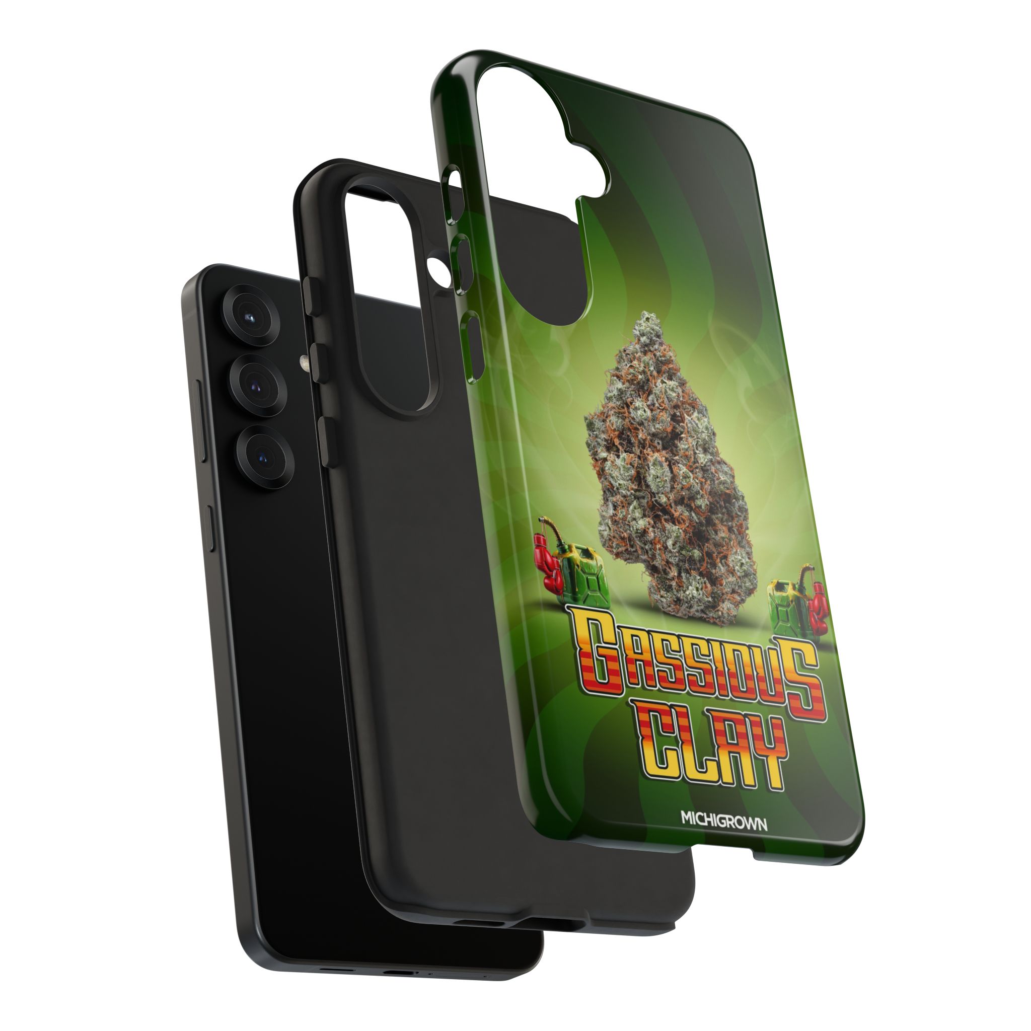 Custom phone case with Gassious Clay logo and cannabis image for iPhone.