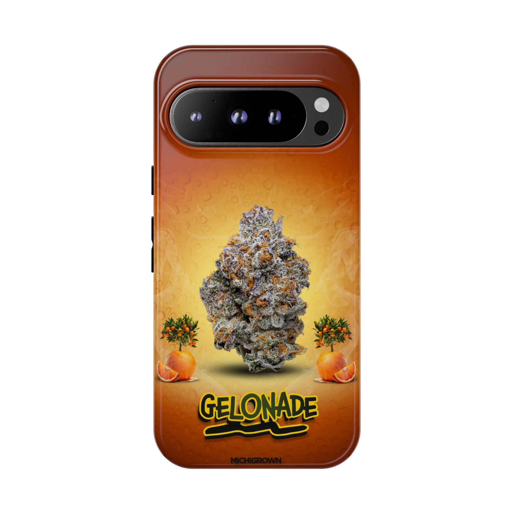 Phone case featuring cannabis bud and orange slices for GELONADE.