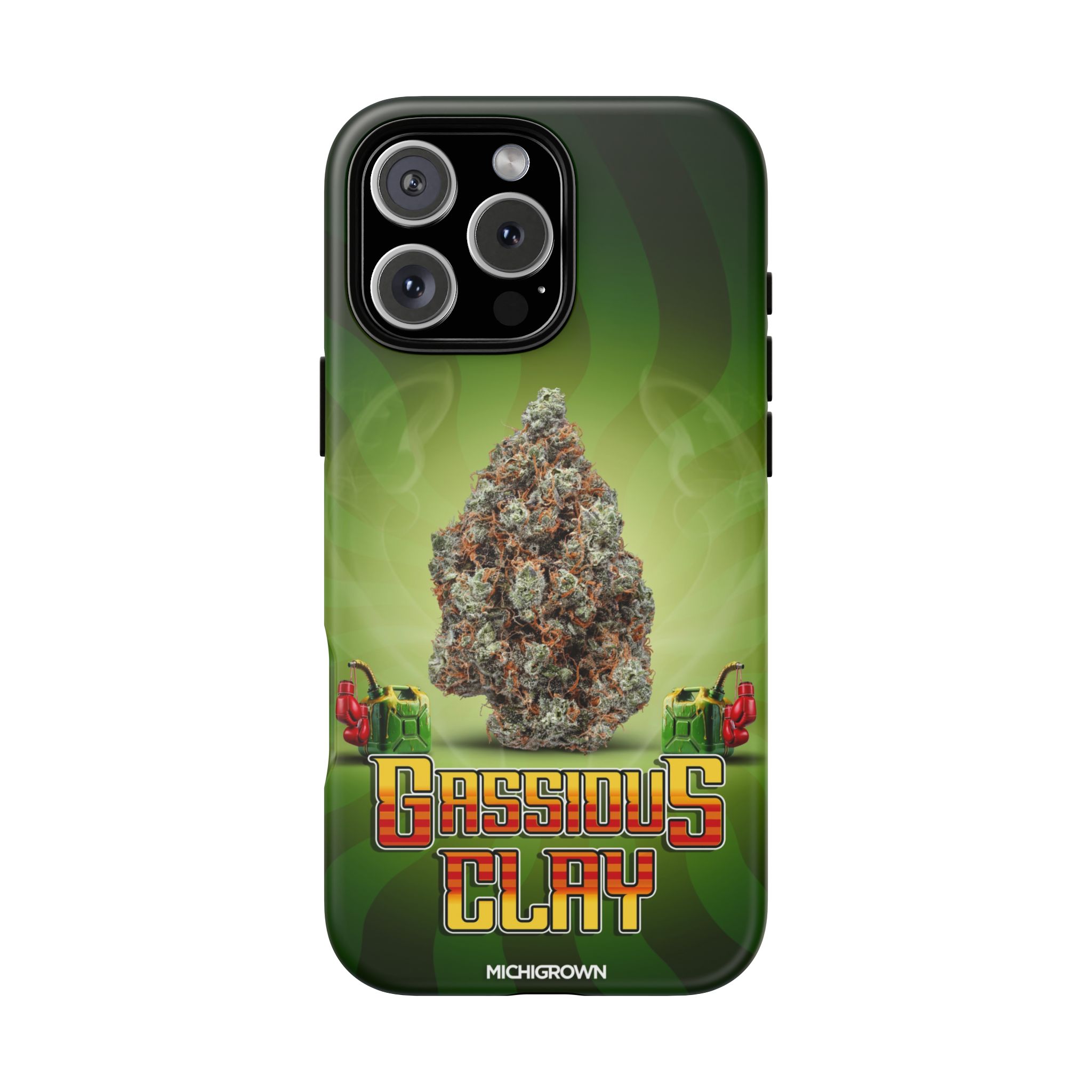 Phone case with cannabis bud and GASSIOUS CLAY logo.