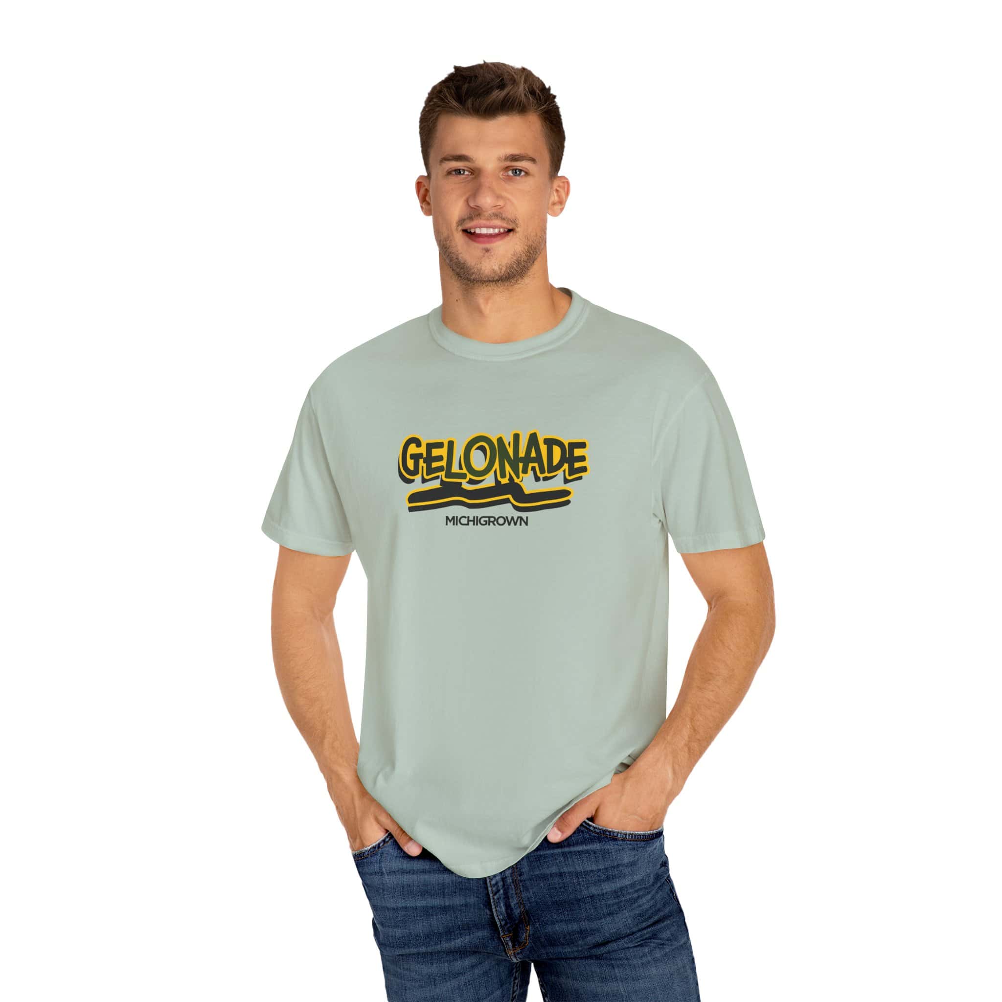 Young man wearing a light green Gelonade T-shirt with black and yellow logo.
