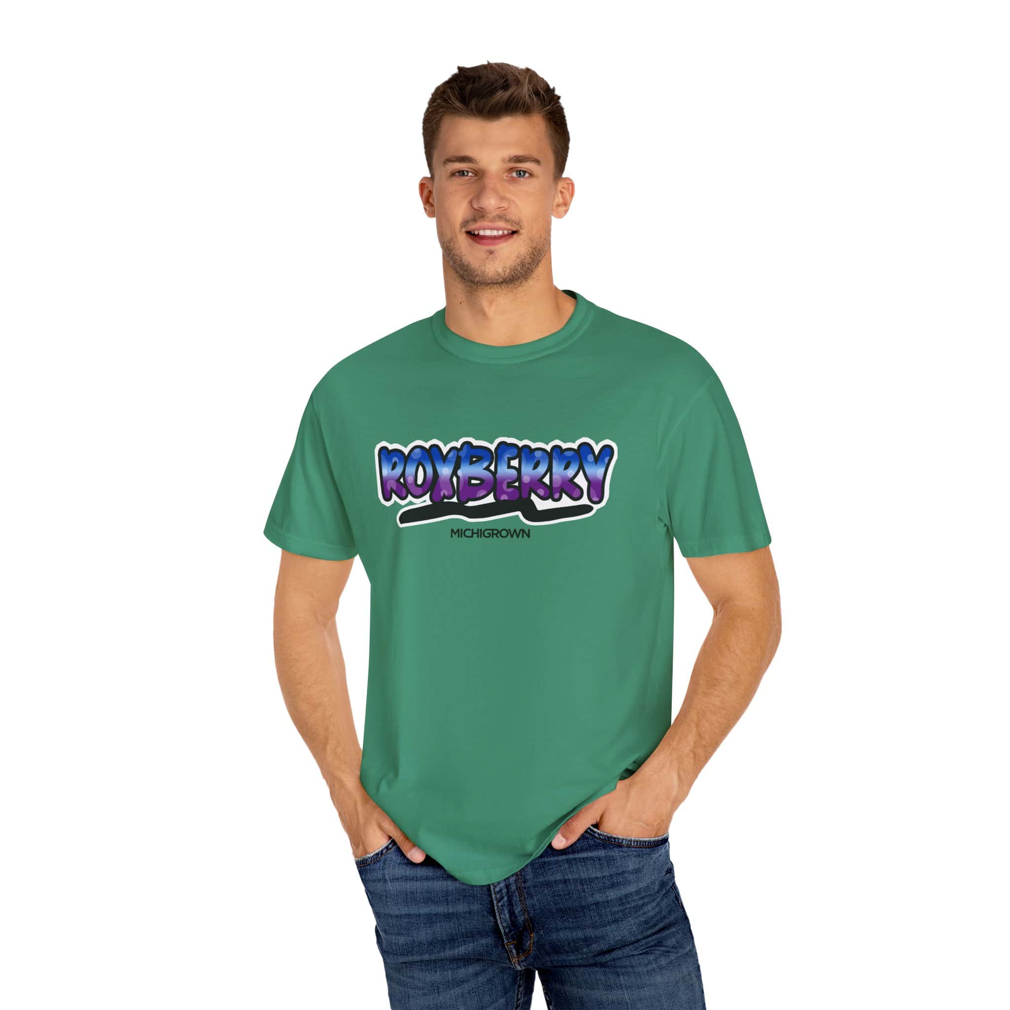 Green Roxberry T-shirt with Michigan Grown logo for men.