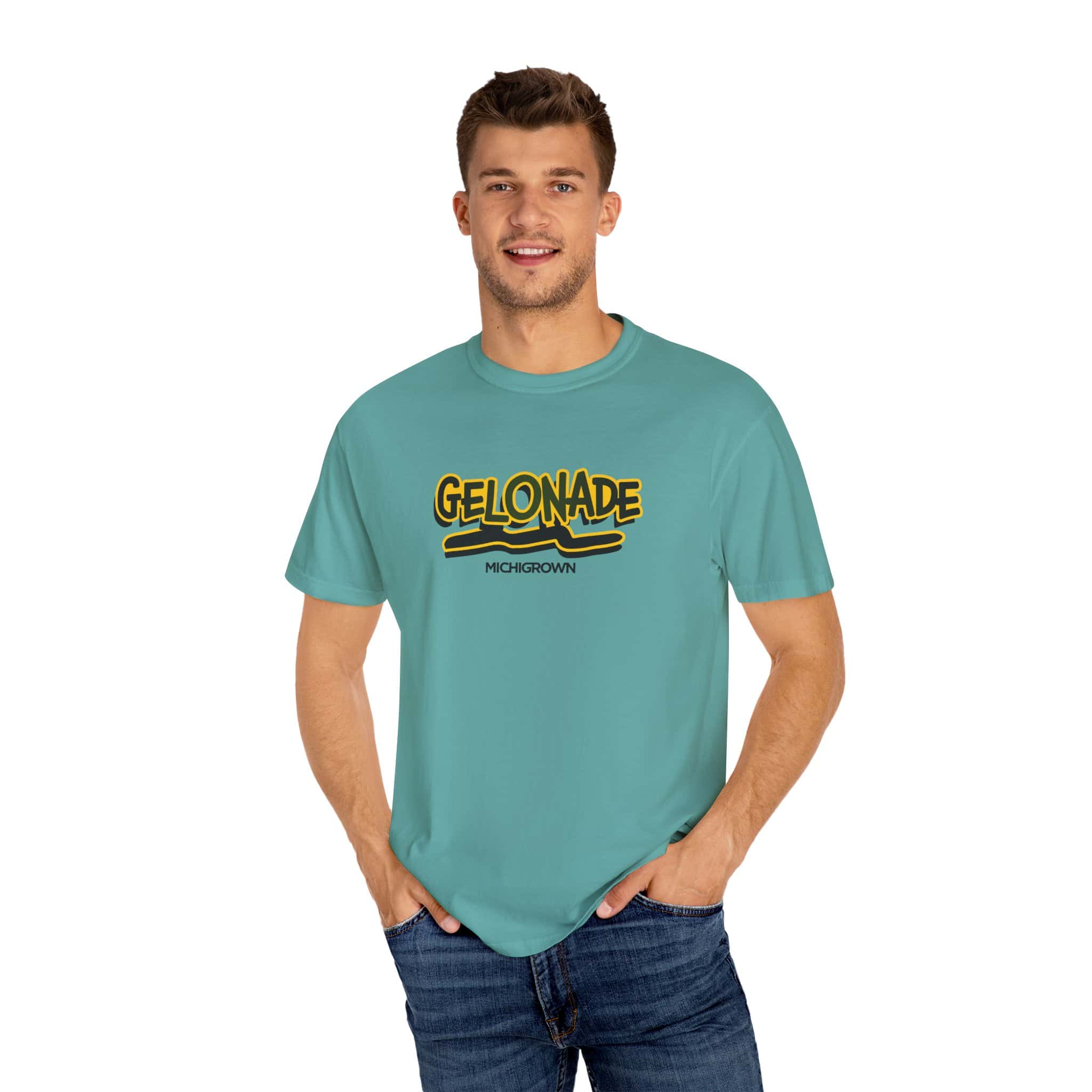 Young man wearing a teal Gelonade T-shirt with black and yellow logo.