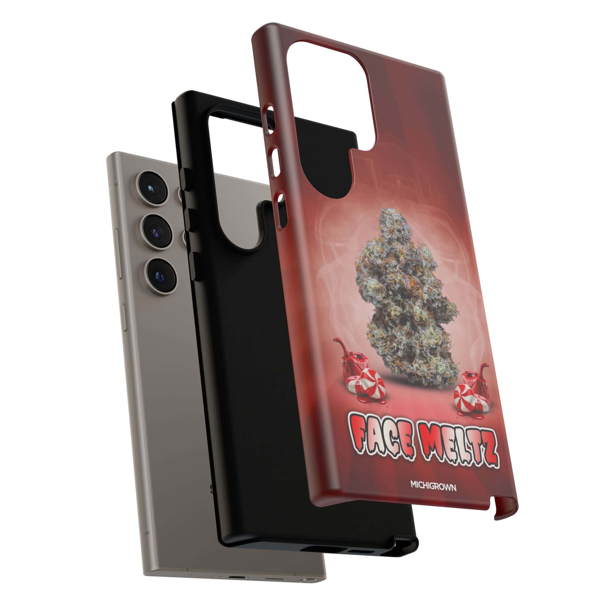 Smartphone cases with FACE MELTZ branding and cannabis-themed design.