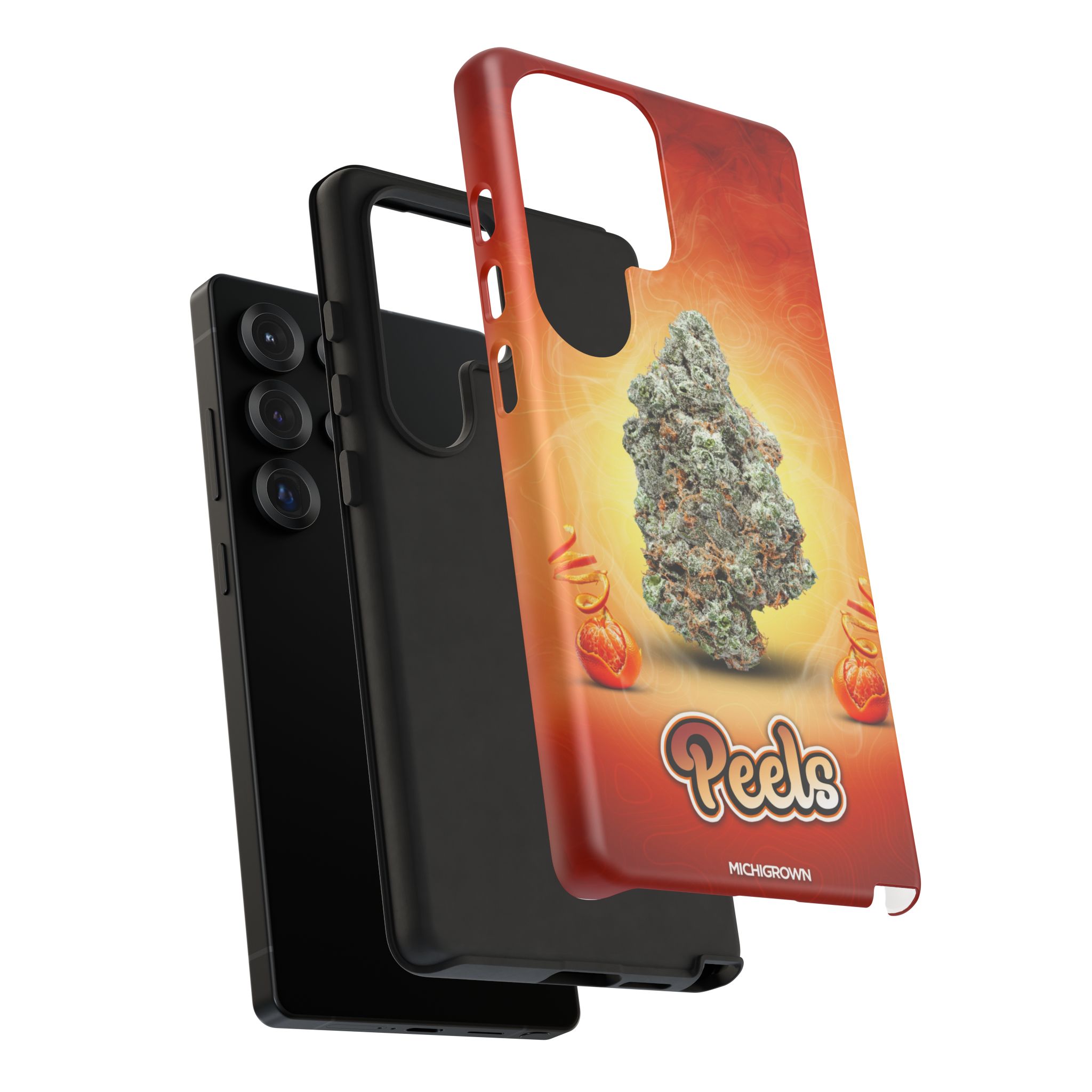 Red and orange PEELS phone case with cannabis bud design for iPhone 14 Pro Max.