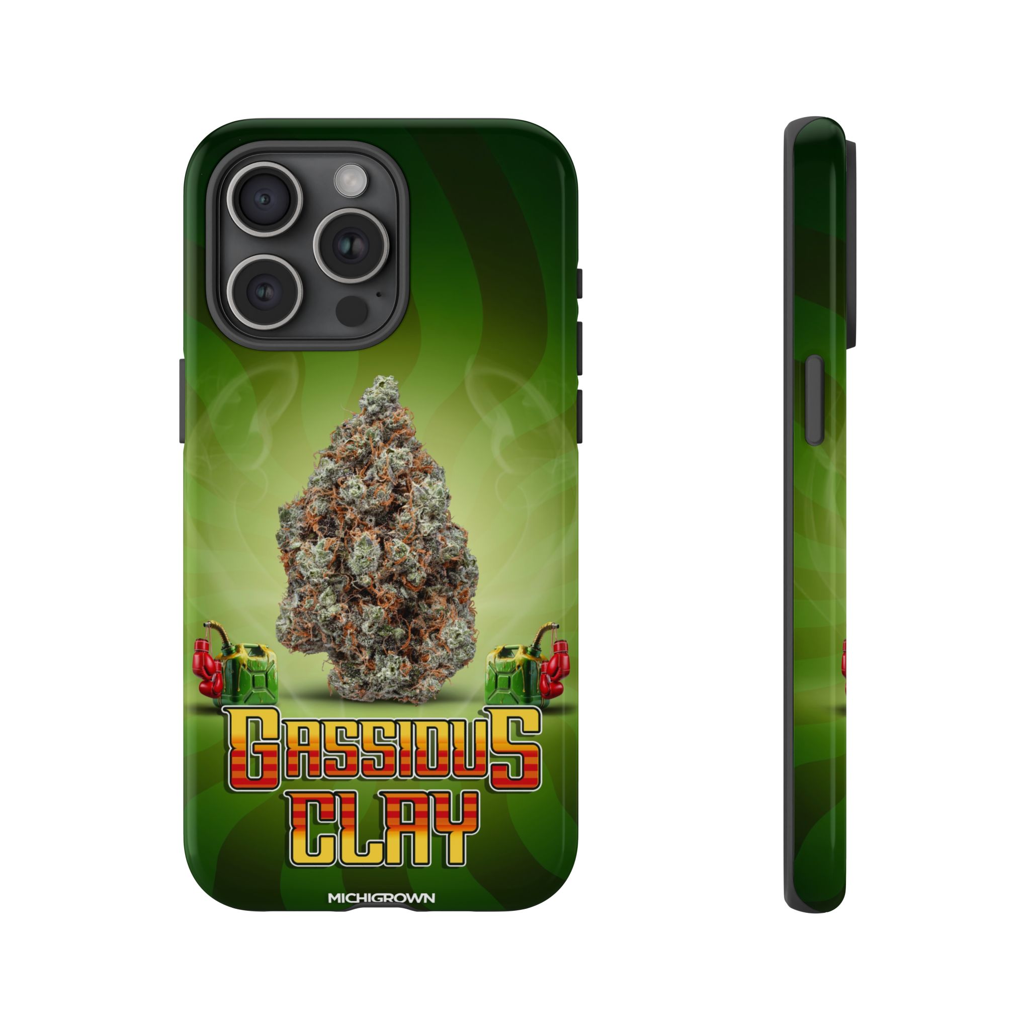 Phone case with cannabis bud and Gassious Clay logo in green and red.