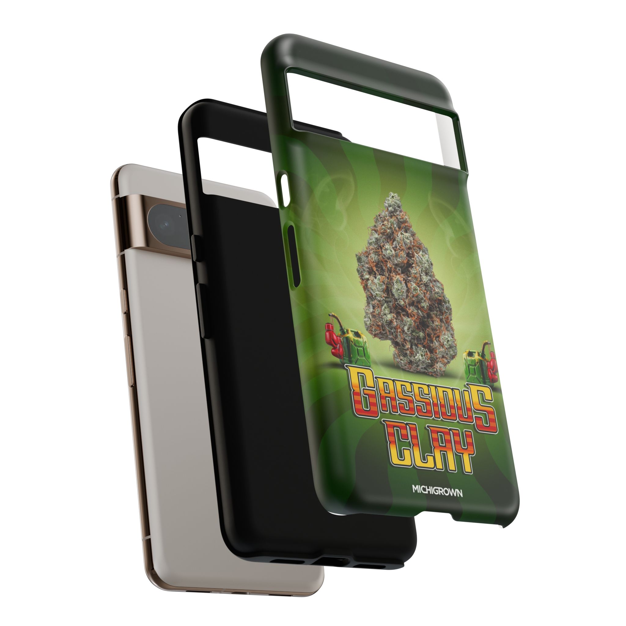 Gassious Clay phone case with cannabis strain image and logo.