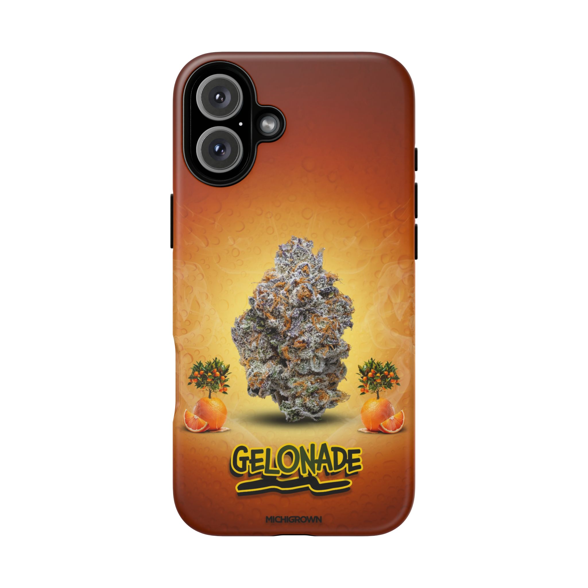 Phone case featuring cannabis buds and orange slices on a sunset background.