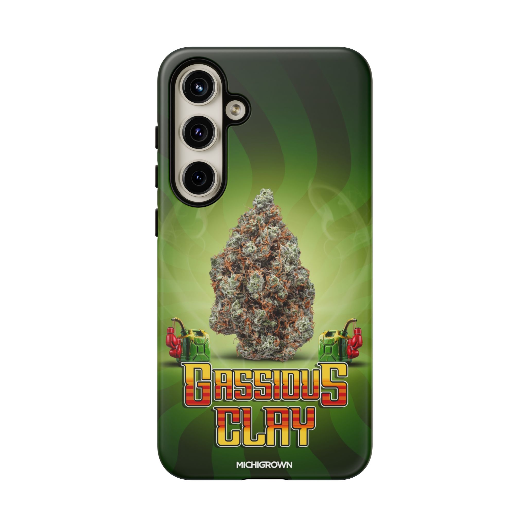 Phone case with Gassious Clay logo and cannabis theme design.