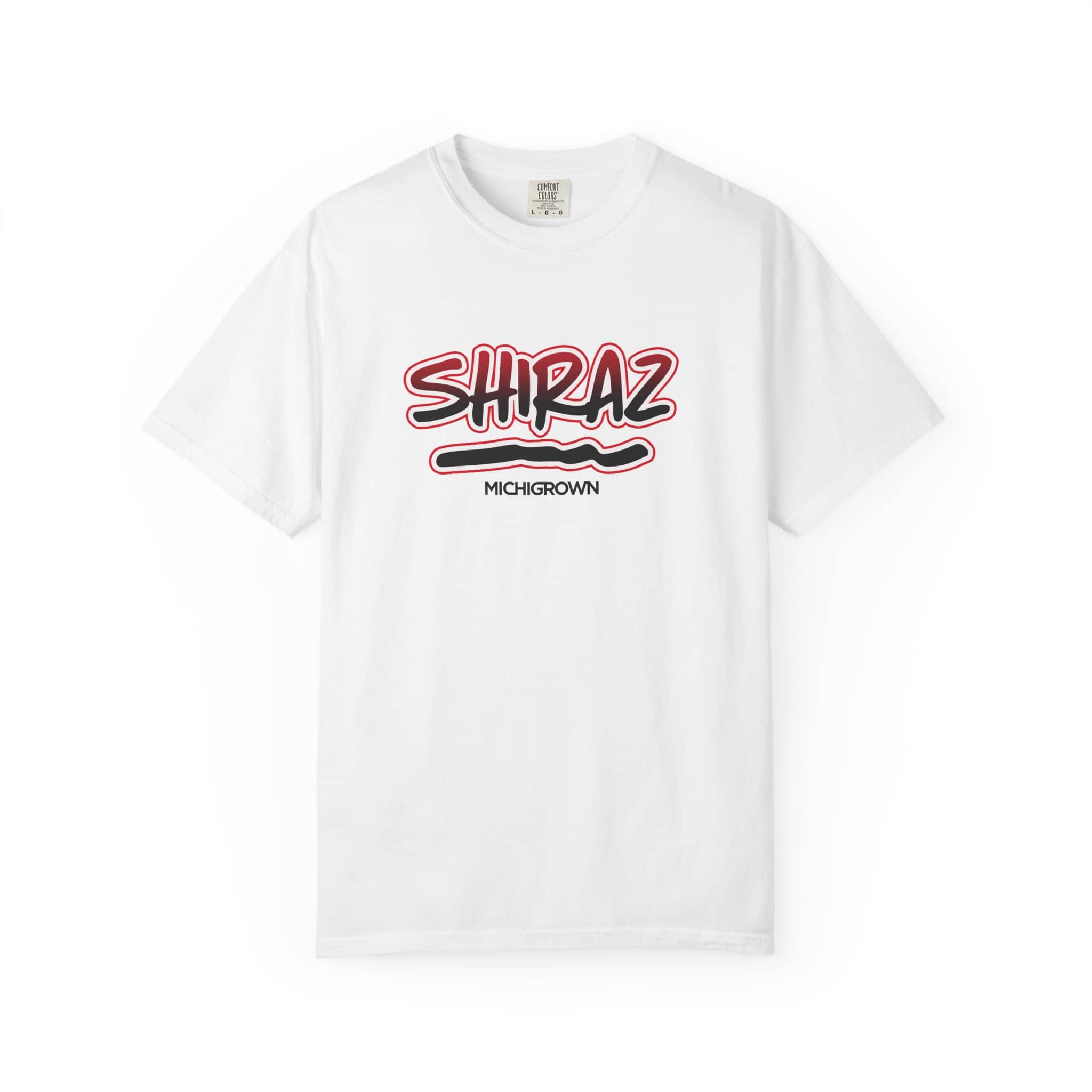 White T-shirt with Shiraz and Michigan graphics for casual wear.