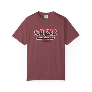 Maroon Shiraz T-shirt with bold white and red text design.
