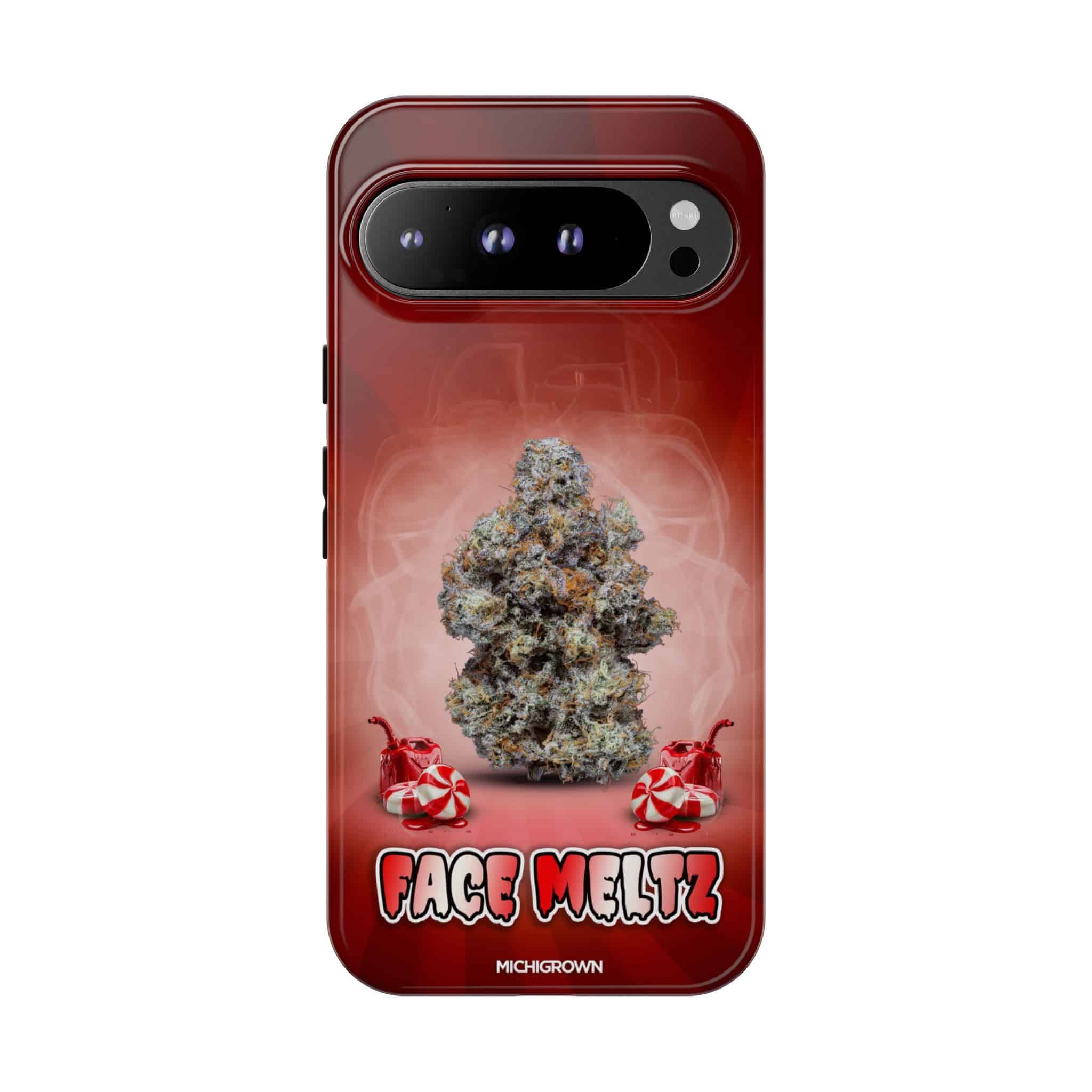 Phone case featuring a cannabis bud and Face Meltz logo for Michigan cannabis products.