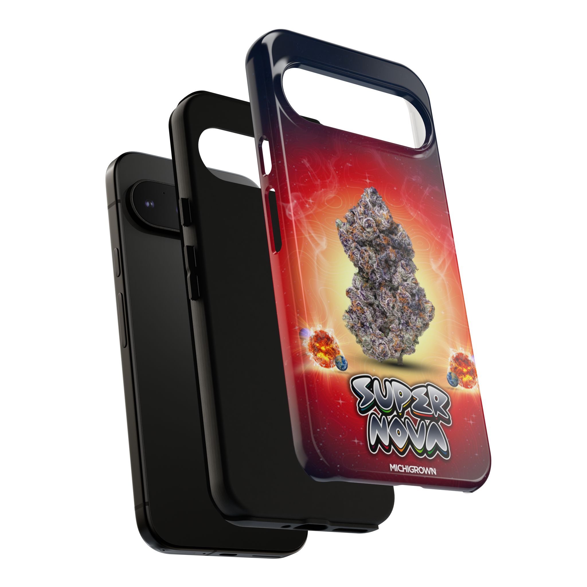 Phone case with Super Nova design featuring a space rock and cosmic background.