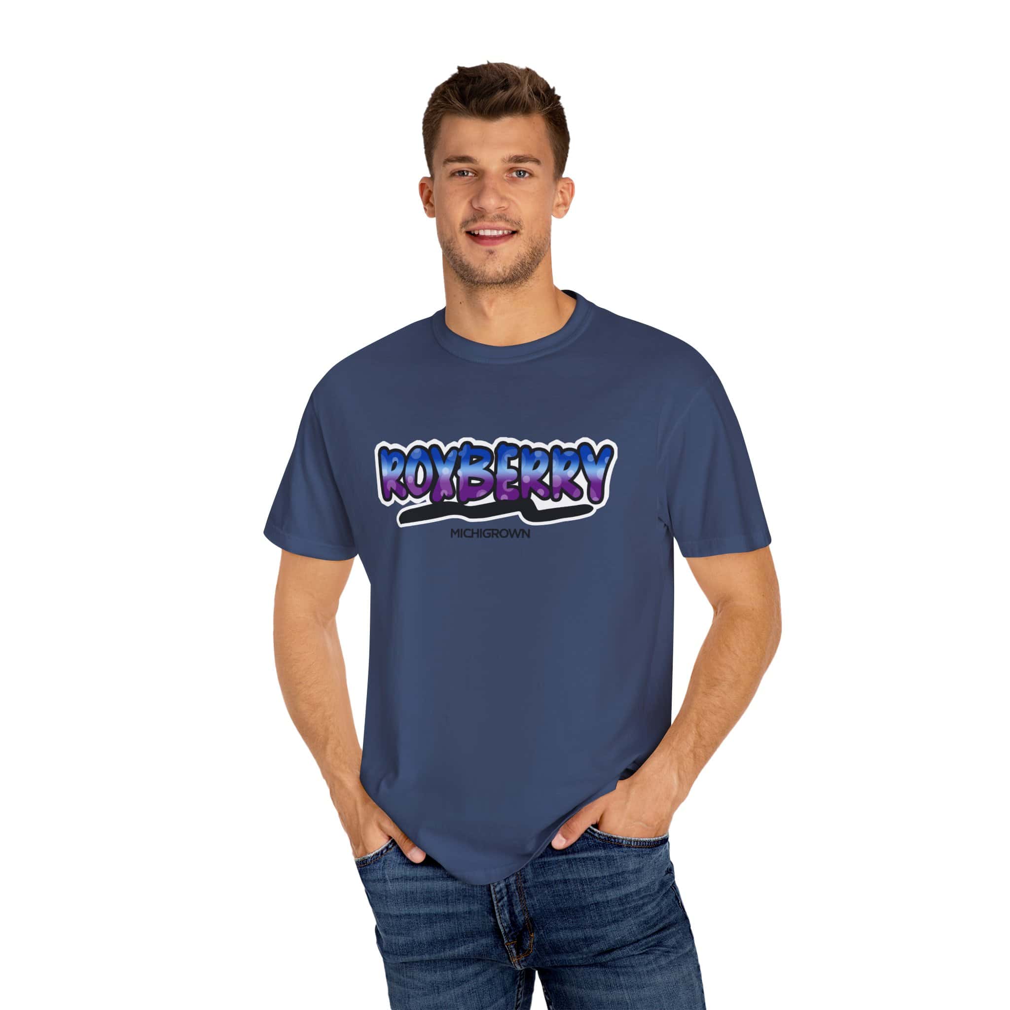 Men's blue T-shirt with Roxberry graphic print from Michigrown.