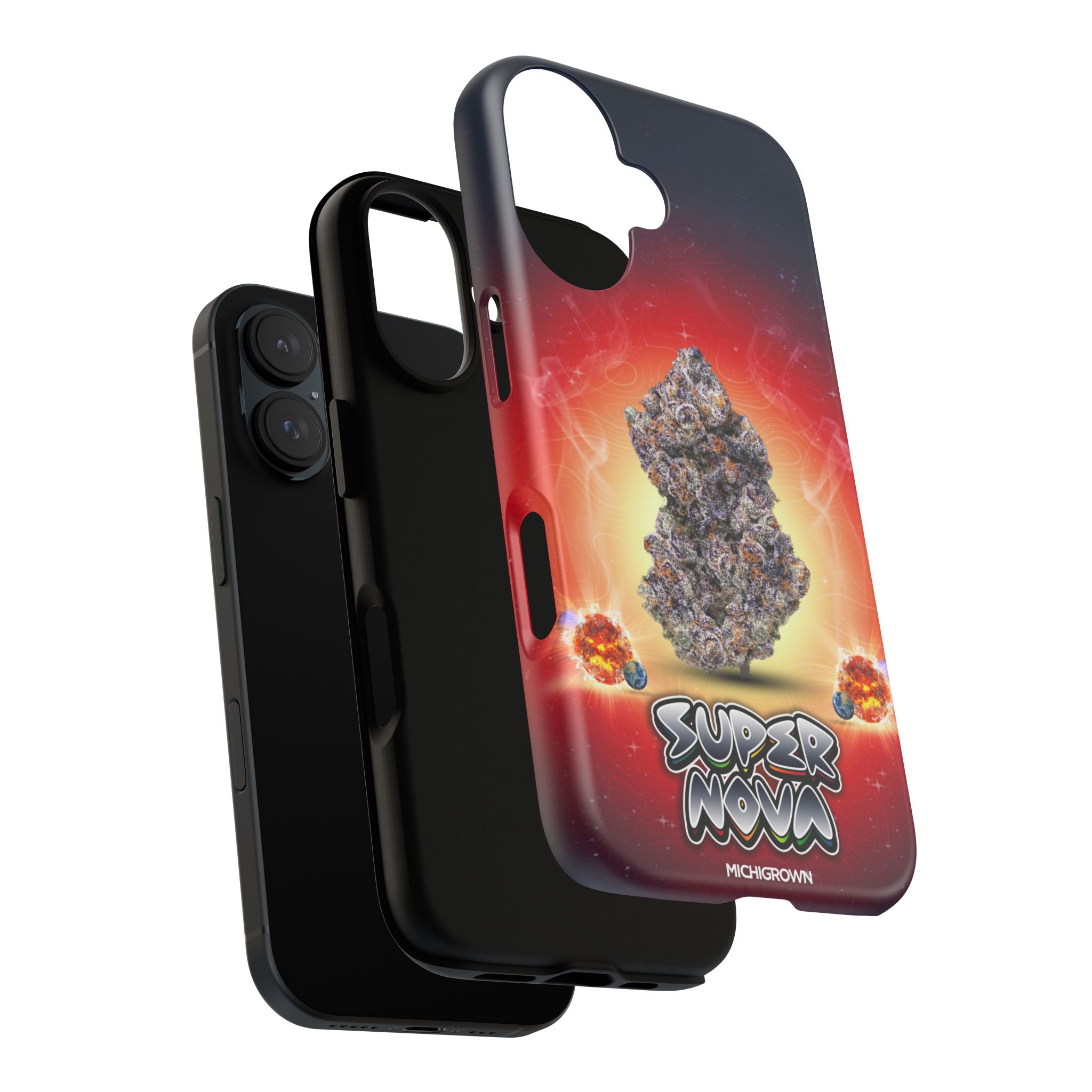 Phone case with a supernova and asteroid design for iPhone.