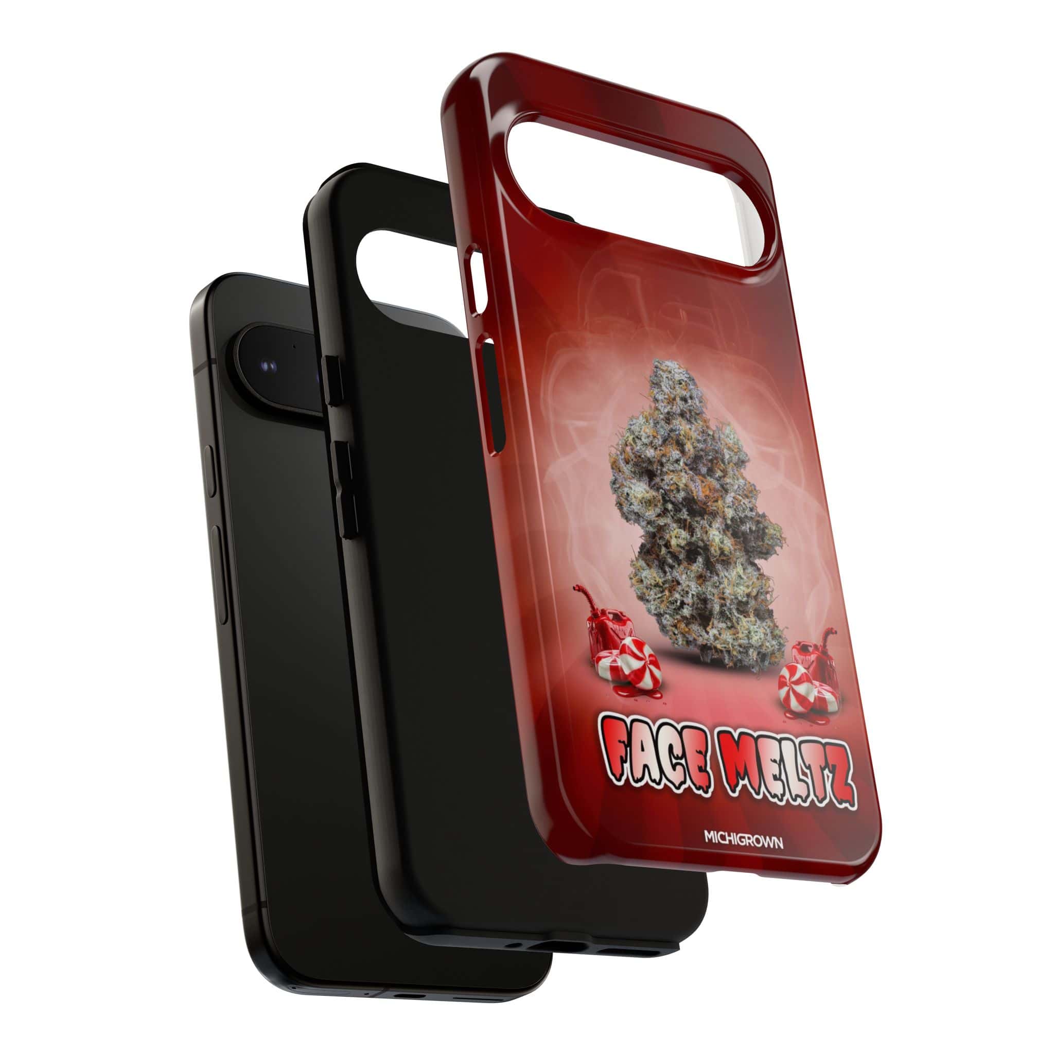 Red and black iPhone cases with cannabis-themed design and logo.