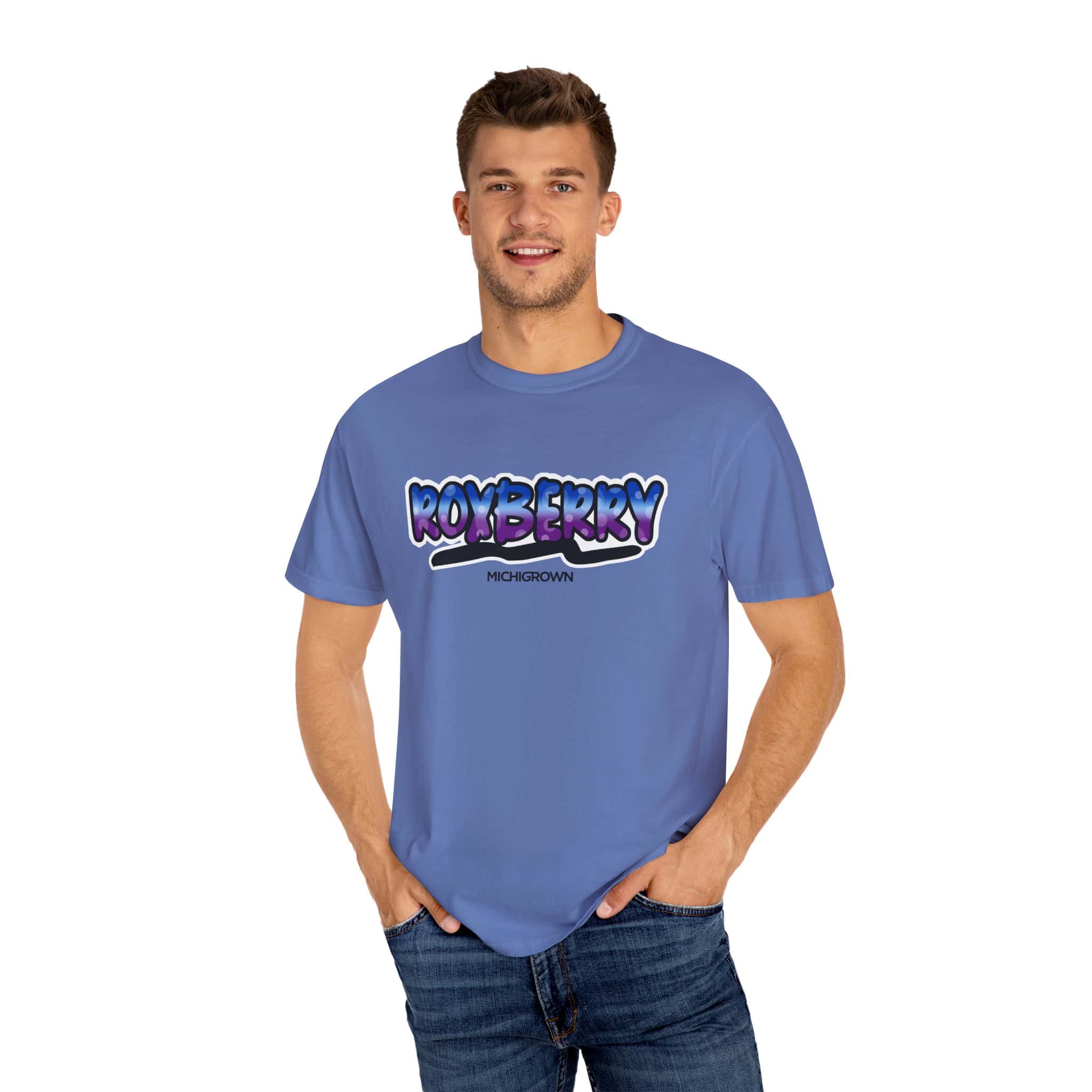 Men's blue Roxberry T-shirt with Michigrown logo and graphic design.
