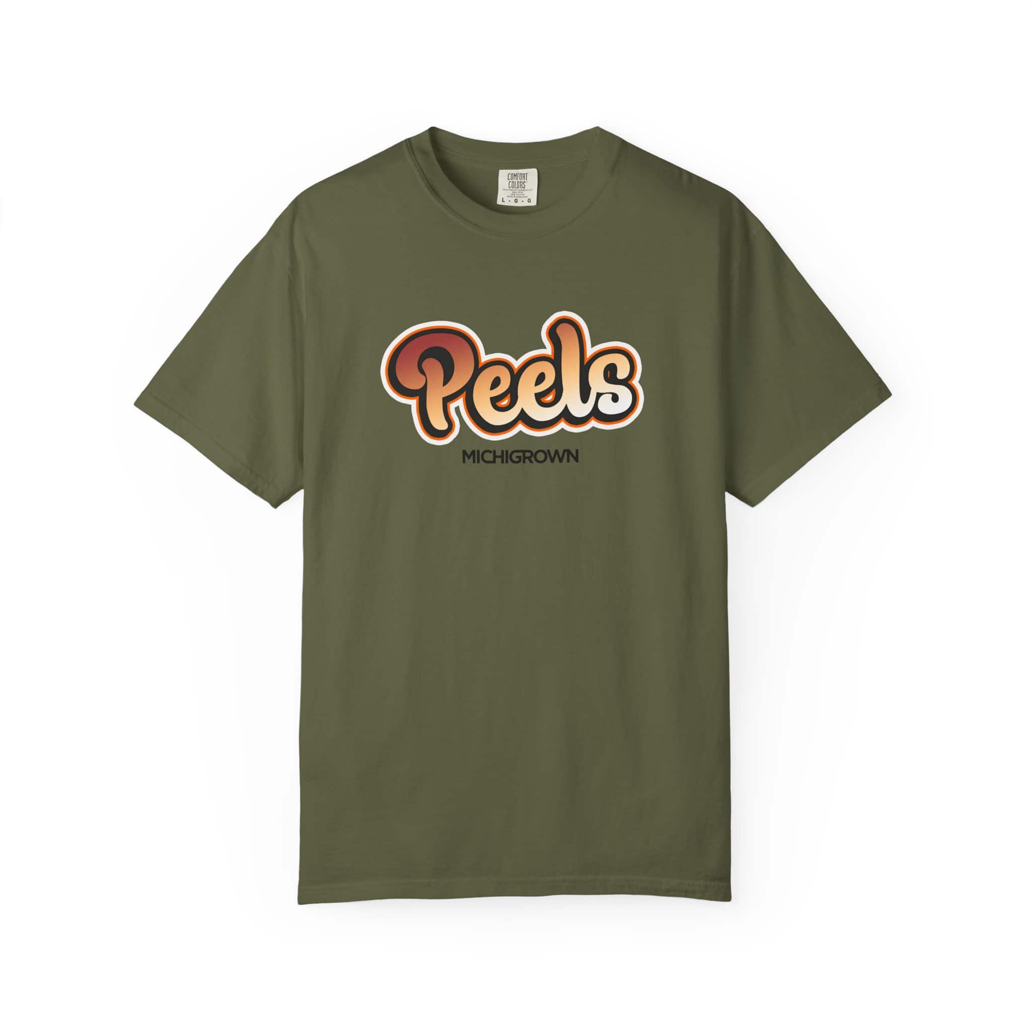 Olive green T-shirt with Michigrown Peds logo in bold font.
