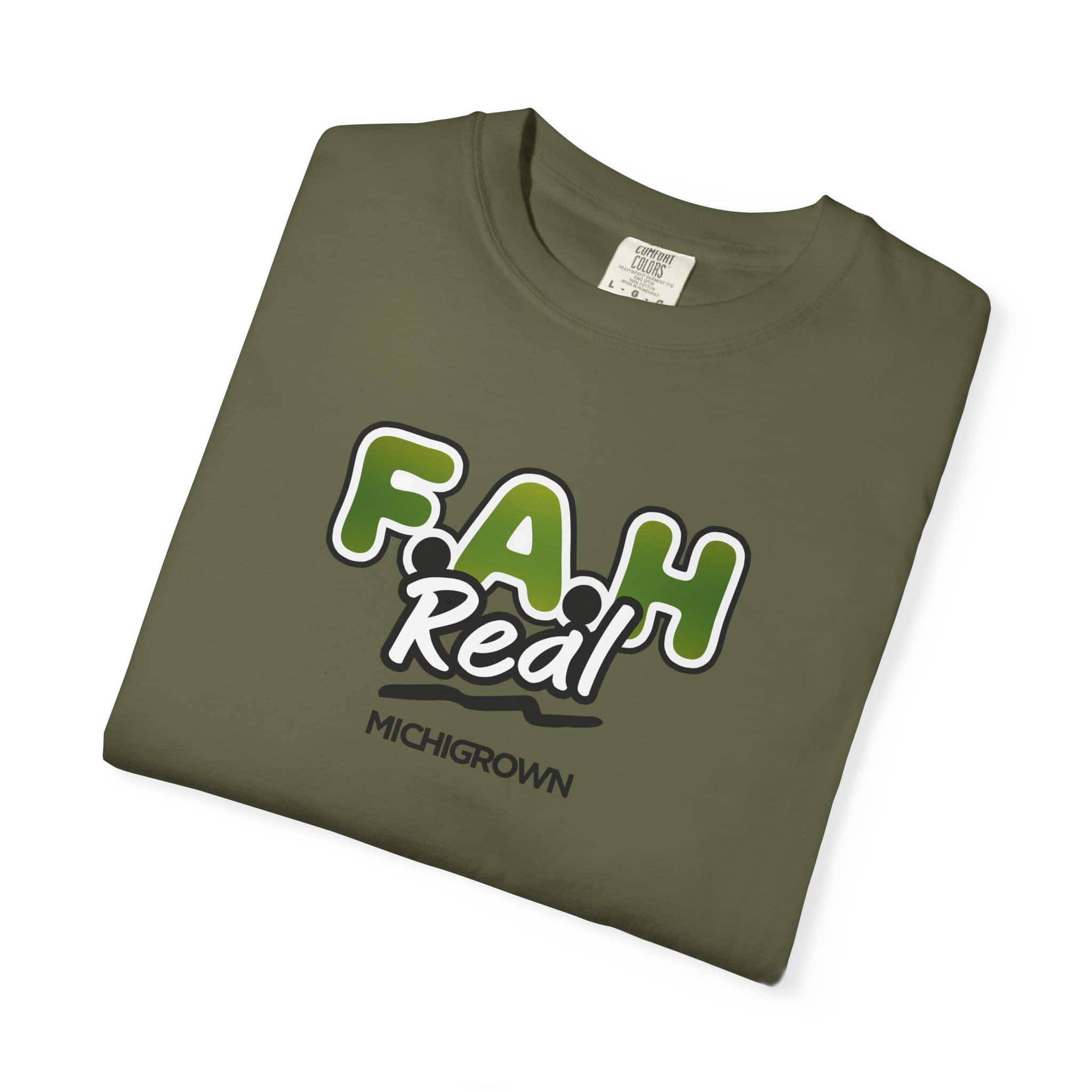 Olive green F.A.H. T-shirt with white and green text design.